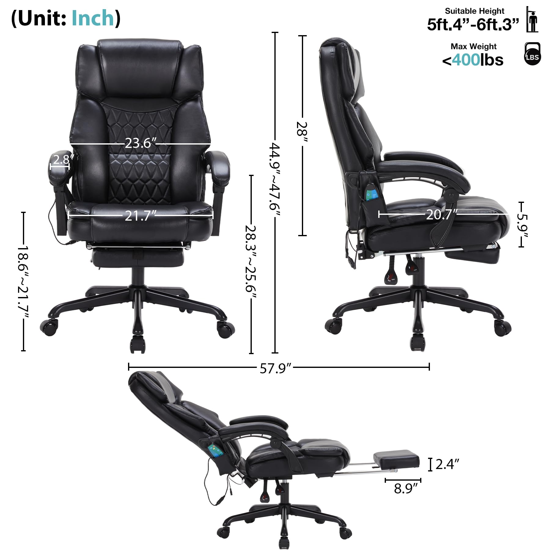 Massage Office Chair with Foot Rest 6 Points Vibration and Heat Home Office Desk Chairs for Heavy People — view 2