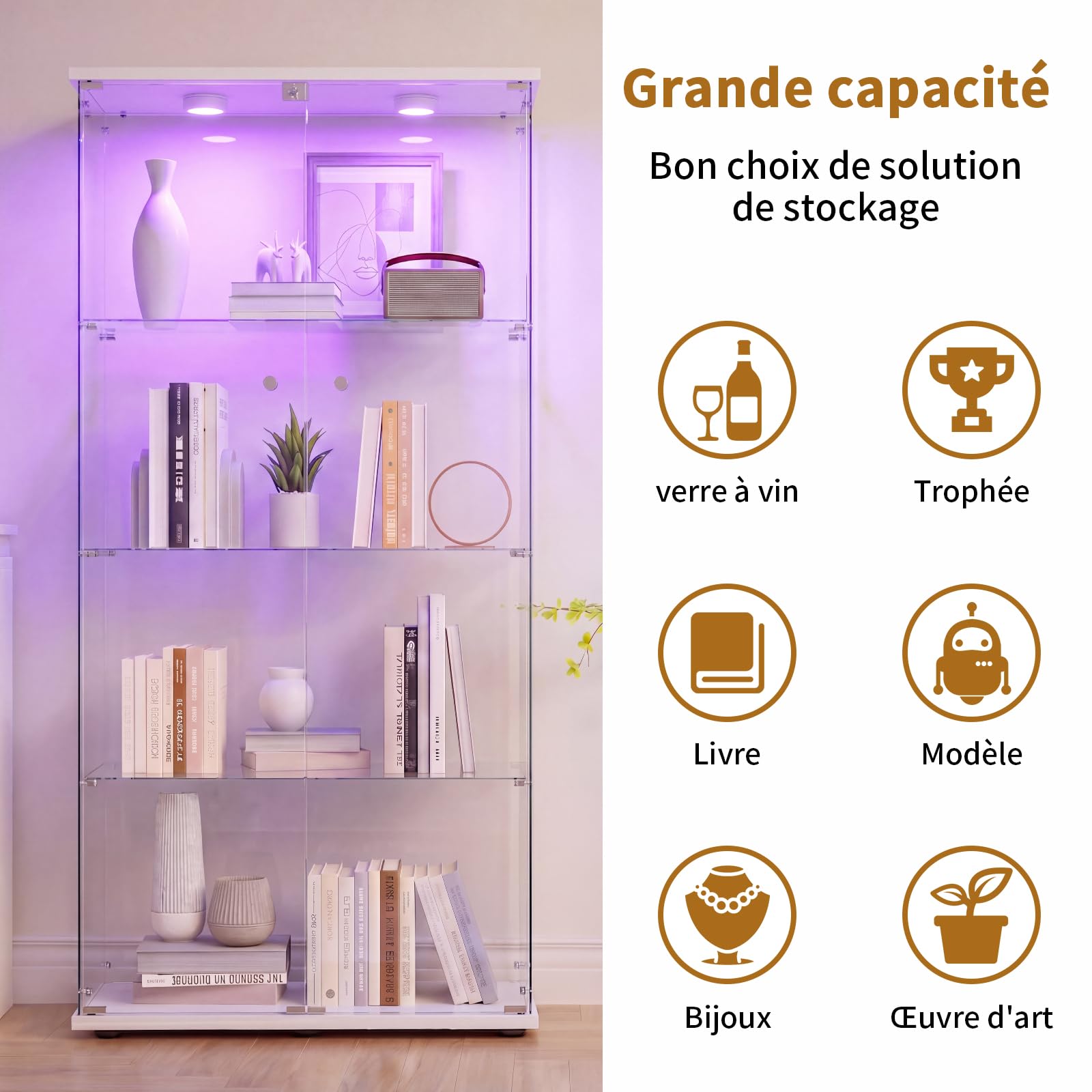DADEA Vetrina con Specchio, Vetrinetta in Vetro 4 Ripiani 2 Porte, Vetrine in Vetro a Specchio Vetrina Colonna Espositiva Colonna Vetrinetta Casco con LED et Serratura Vetrinette Espositive
