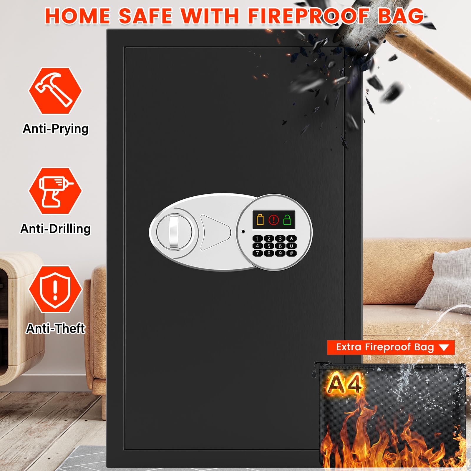 Cassaforte ignifuga da 85 l, con tasca per documenti ignifuga, cassaforte digitale per mobili con 2 chiavi e 3 ripiani rimovibili, cassaforte elettronica per la casa, contanti, gioielli