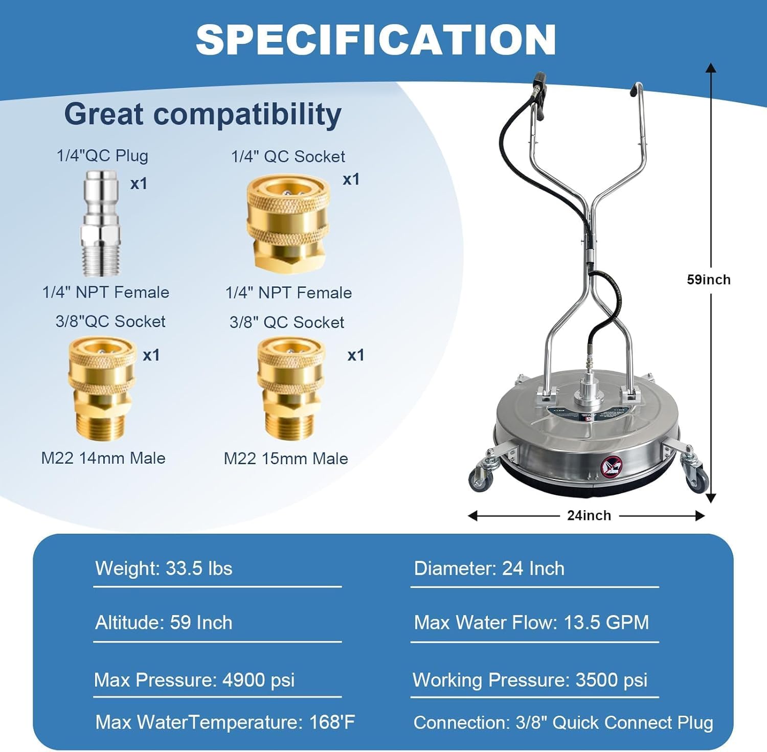 24-Inch Pressure Washer Surface Cleaner, Stainless Steel 4600 PSI Commercial Grade Power Washer Attachment with 4 Wheels, Heavy Duty Concrete Cleaner for Driveways, Patios, Sidewalks
