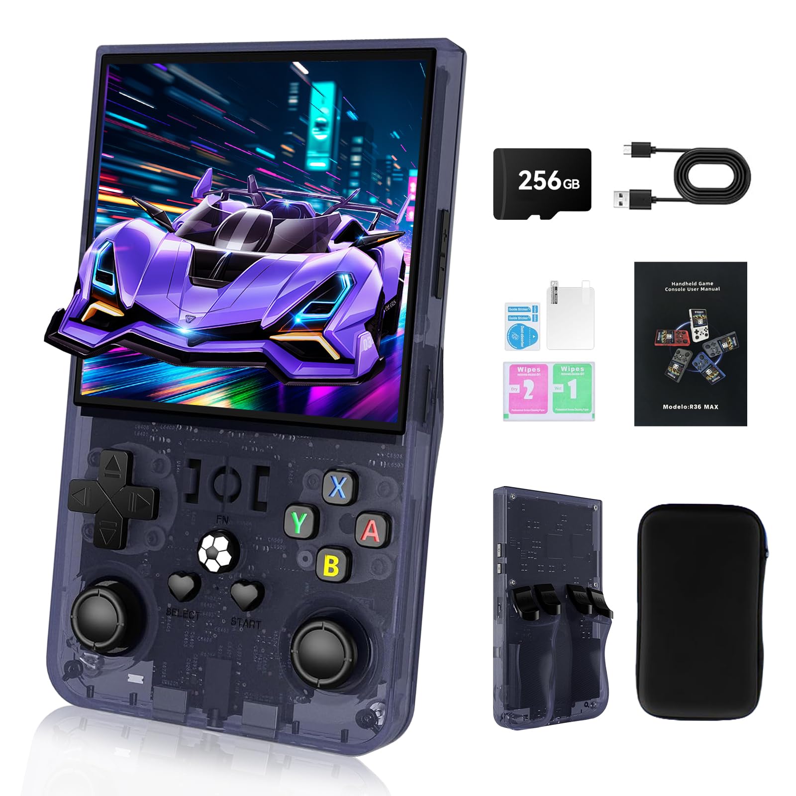 Hedlaoy R36 Max Retro Handheld Gaming Console, 256GB, 40,000+ Games, Portable 4-Inch IPS Screen (Transparent Grey)