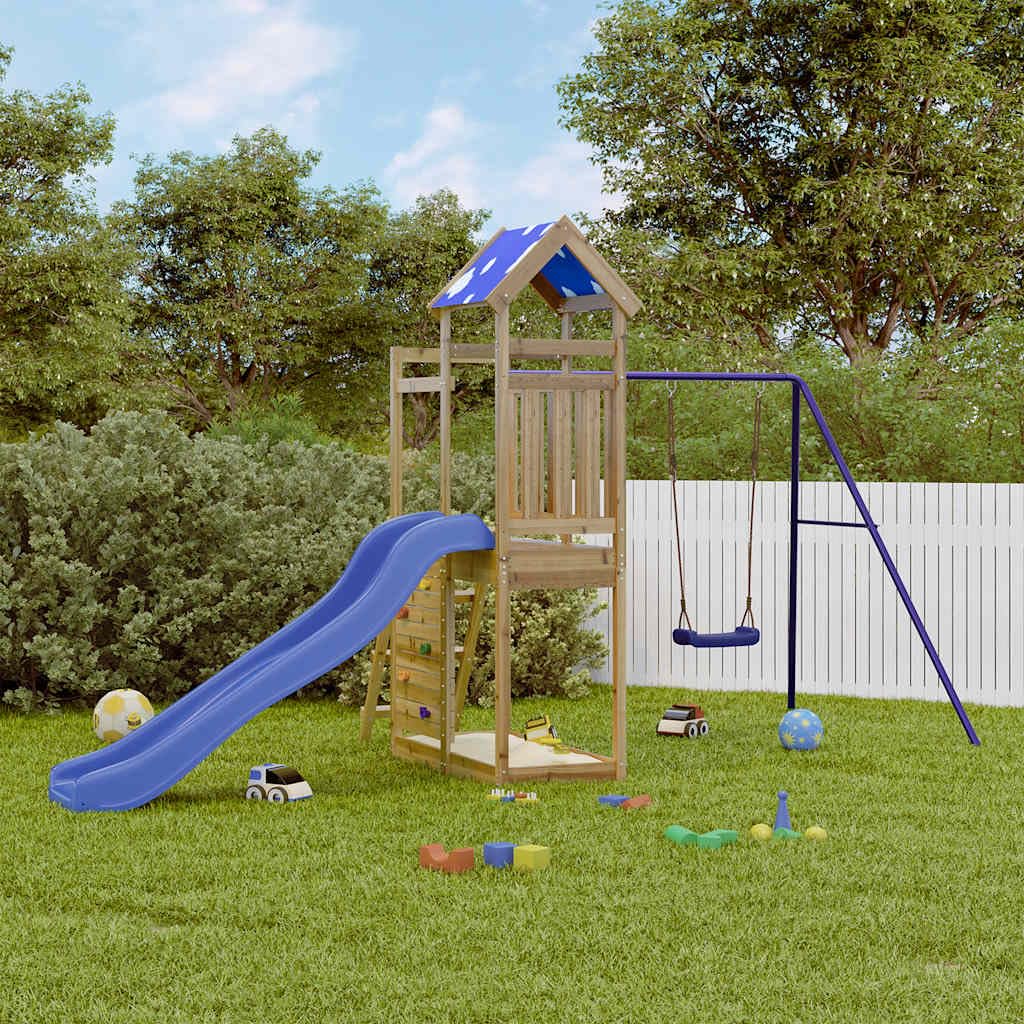 Spielturm aus imprägniertem Kiefernholz mit Wellenrutsche, Schaukel, Sandkasten und Leiter für Kleinkinder, wetterfestes Klettergerüst, Outdoor Spielhaus für Garten und Hof