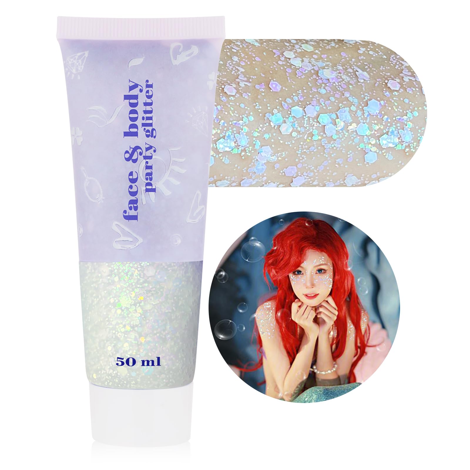 Iridescent White Face Glitter,Color Changing Mermaid Body Hair Glitter Gel,Chunky Glitter Face Paint,Sparkling Sequin for Face Body,Halloween Festival Party Chameleon Glitter Makeup,50ml