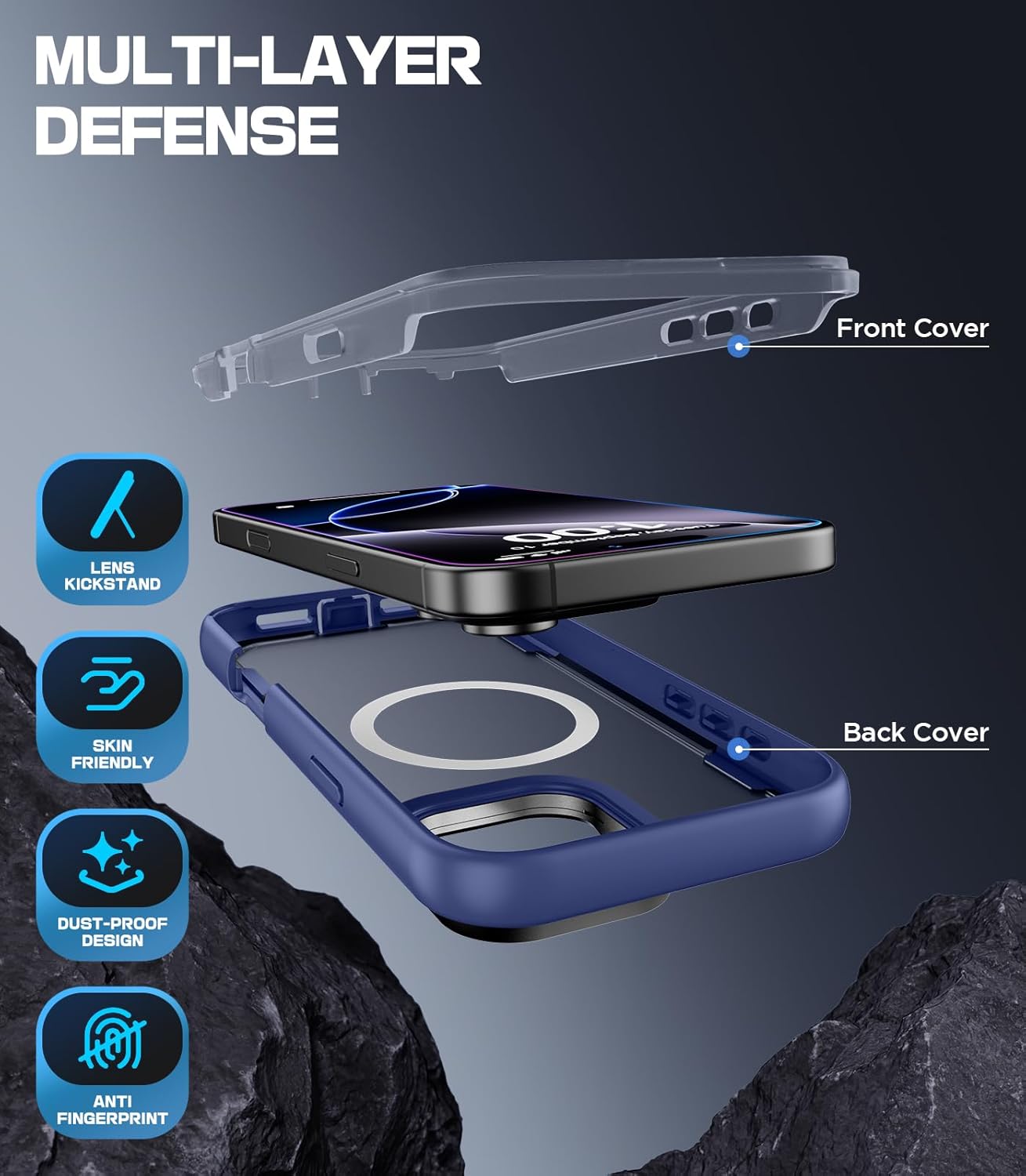 Mobnano for iPhone 16 Pro Max Case, Compatible with MagSafe, Translucent Matte Cover with Built-in Stand, Military-Grade Heavy Duty Protection, Shockproof Case with Camera Lens Guard - Blue
