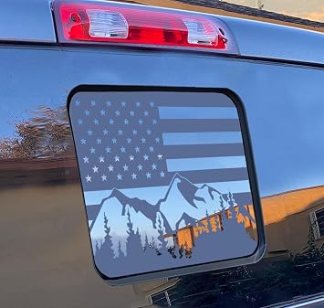 Xinghe for Ford F150 F250 F350 2015-2023 2024 2025 2026 Mountain Forest American Flag Decal for Truck Rear Middle Window, Matte Black Mountain Tree USA Flag Decal for Truck Back Sliding Window