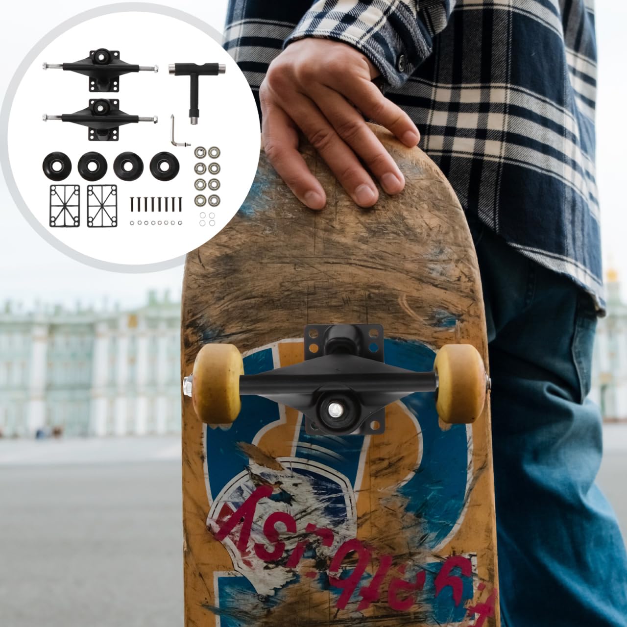 ULTECHNOVO Ensemble Complet de Skateboard avec Trucks en Aluminium Noir, 4 Roues PU et Roulements ABEC, Kit de Roulement pour Double Kick, Accessoires de Planche à roulettes