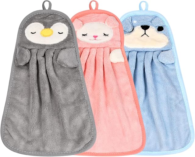 suchkawe Hand Towels Set, 3 Pack Soft Coral Velvet Microfibre Cute Animals Hand Towels for Bathroom, Kitchen, Quick Dry Hanging Face Towel for Kids, Super Absorbent Washcloth with Hanging Loop