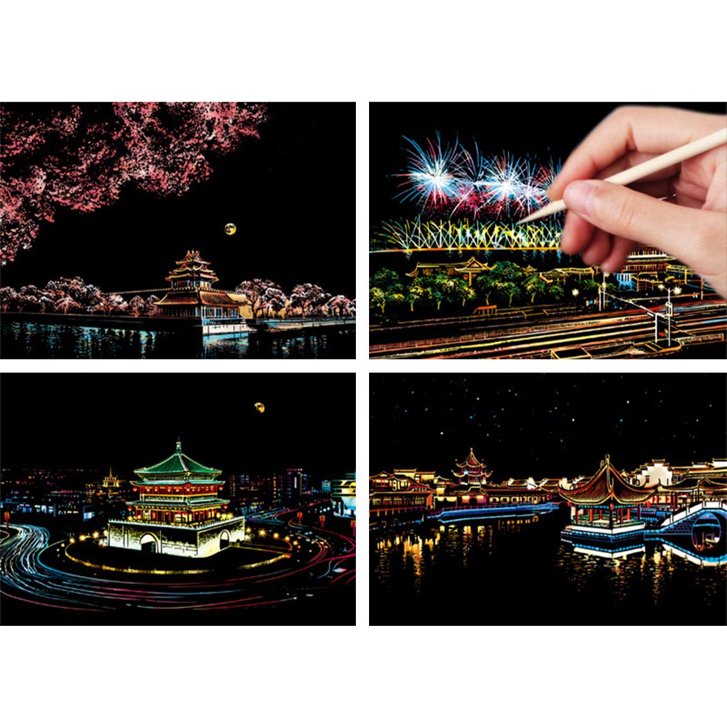 4PCS Scratch Paper Creation Pattern Building Sakura Scratch Pad Kit with Stylus-image-23