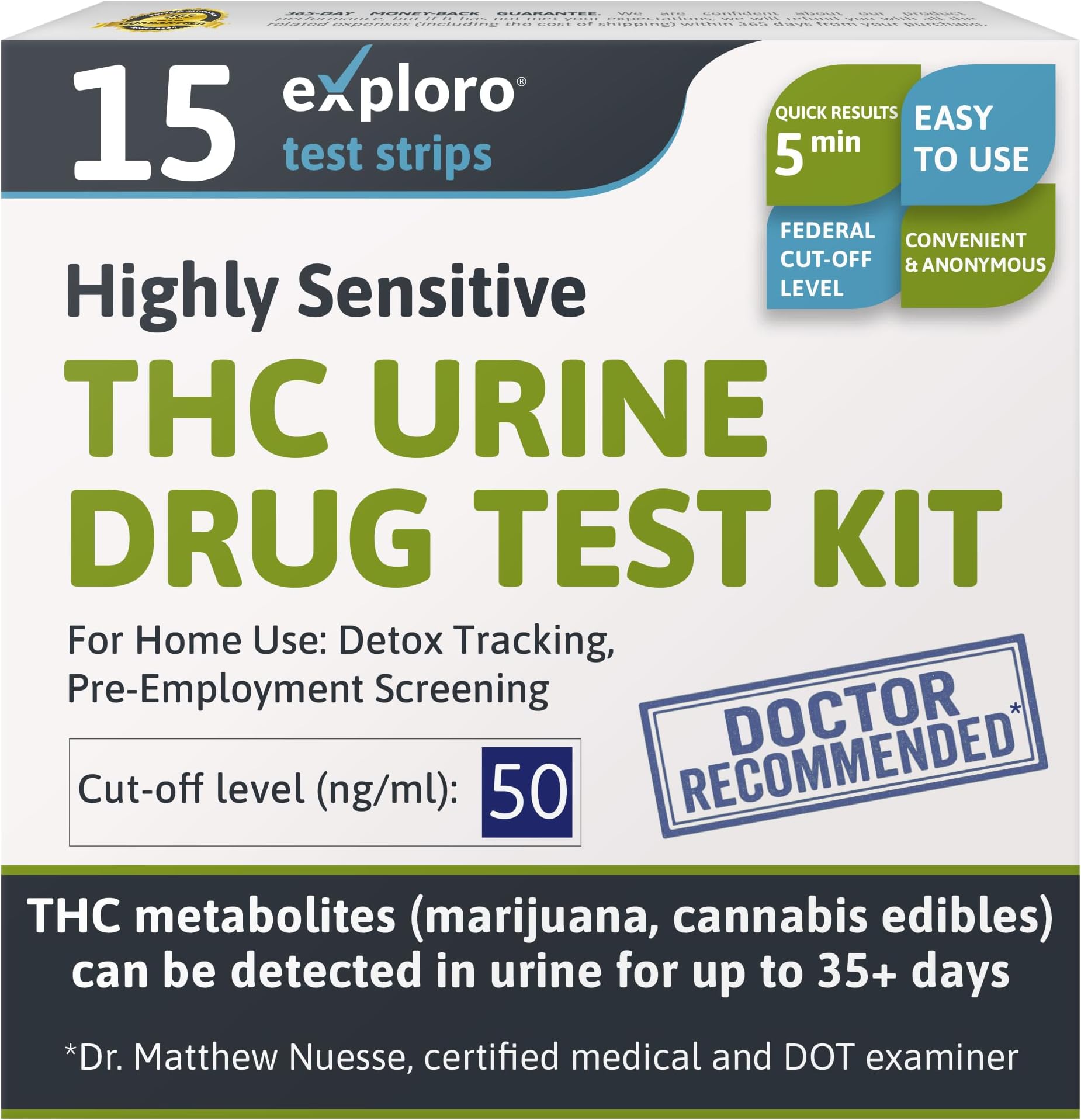 Exploro THC Tests for Home Use - Marijuana Drug Test Kit for Urine (15 Pack), Weed Detox Testing Kits with 50 ng/ml Cutoff Level