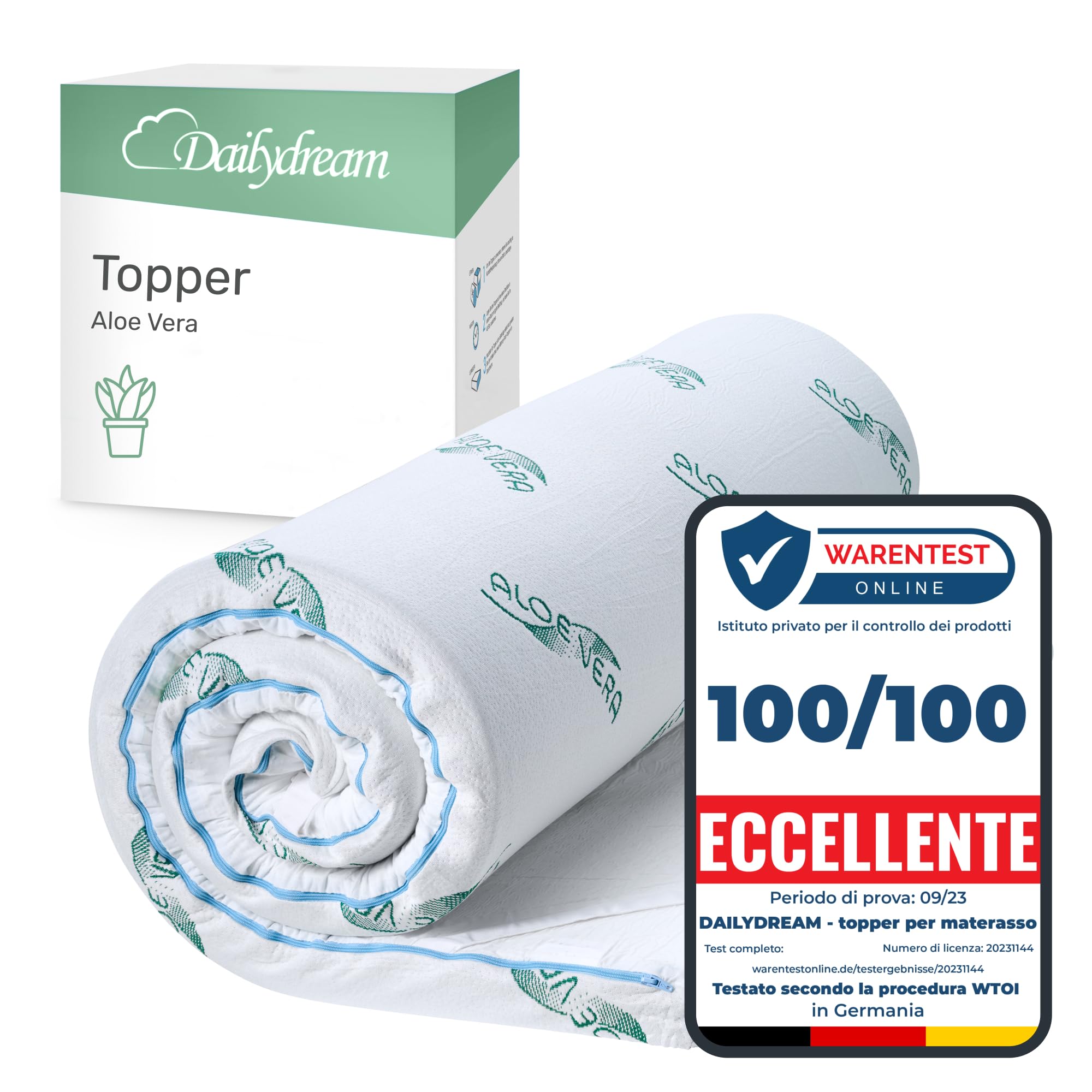Dailydream Topper matrimoniale piccolo 140x190 cm memory foam, altezza 5 cm, «Edition Aloe Vera, Model M », Topper per materasso, divano letto o letto da campeggio, Coprimaterasso confortevole