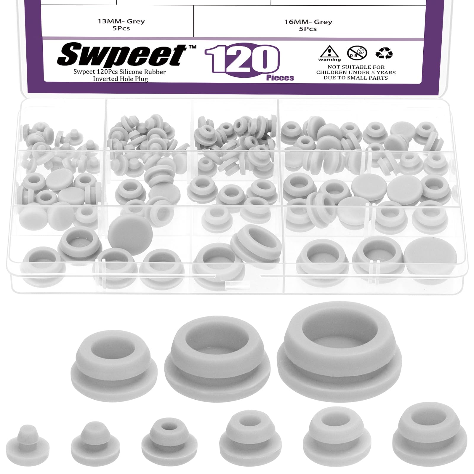 Swpeet 120Pcs 9 Sizes 0.12" 0.16" 1/5" 1/4" 0.27" 5/16" 3/8" 1/2" 5/8" Grey Rubber Plugs for Round Holes Kit, Silicone Plug, T Shaped Rubber Stopper, Round Hole Plug Snap Locking for Furniture