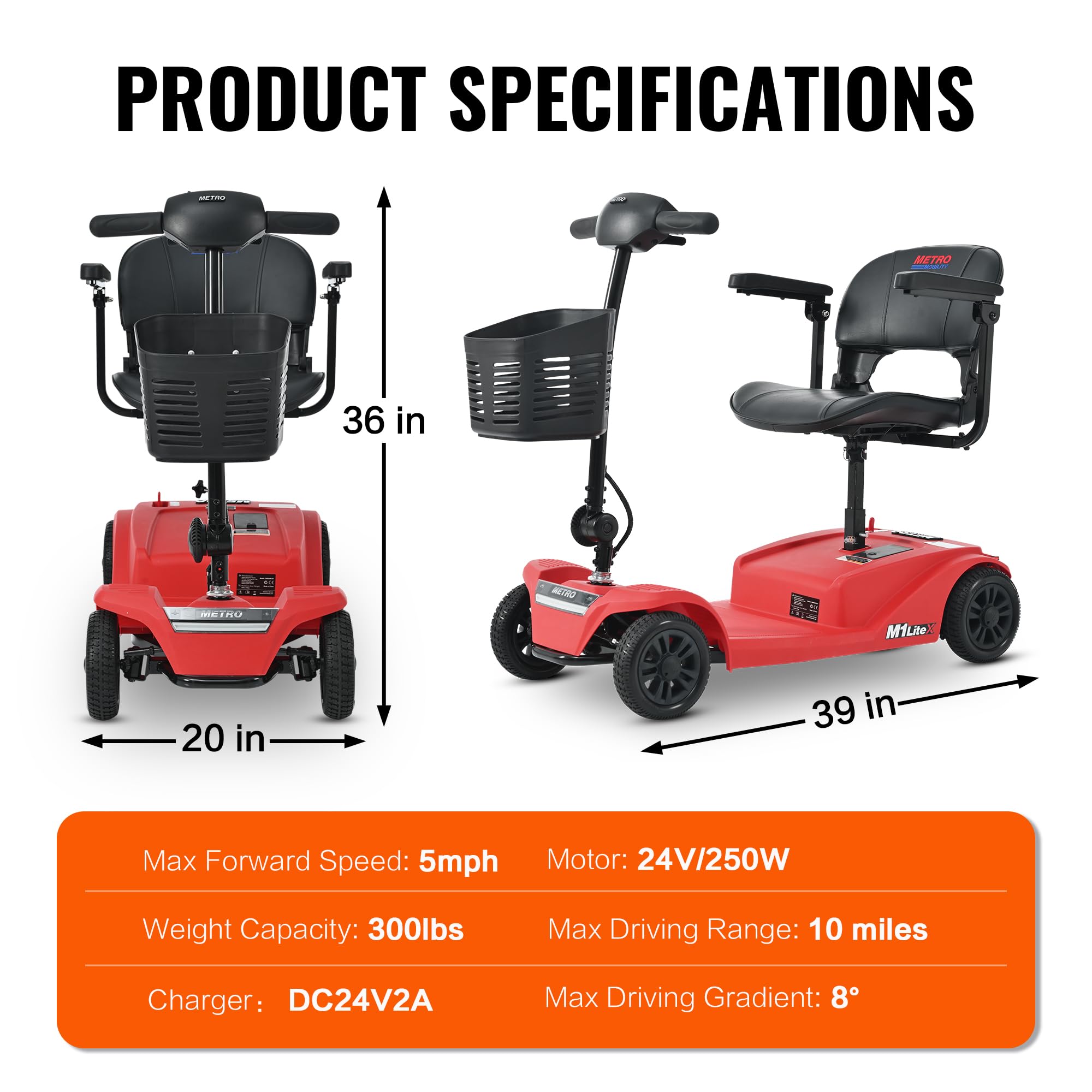 Folding Mobility Scooter for Seniors 4 Wheel Scooter for Adults Electric Medical Scooter Compact for Travel - Electric Powered Wheelchair Device - Compact Heavy Duty Mobile (Red)