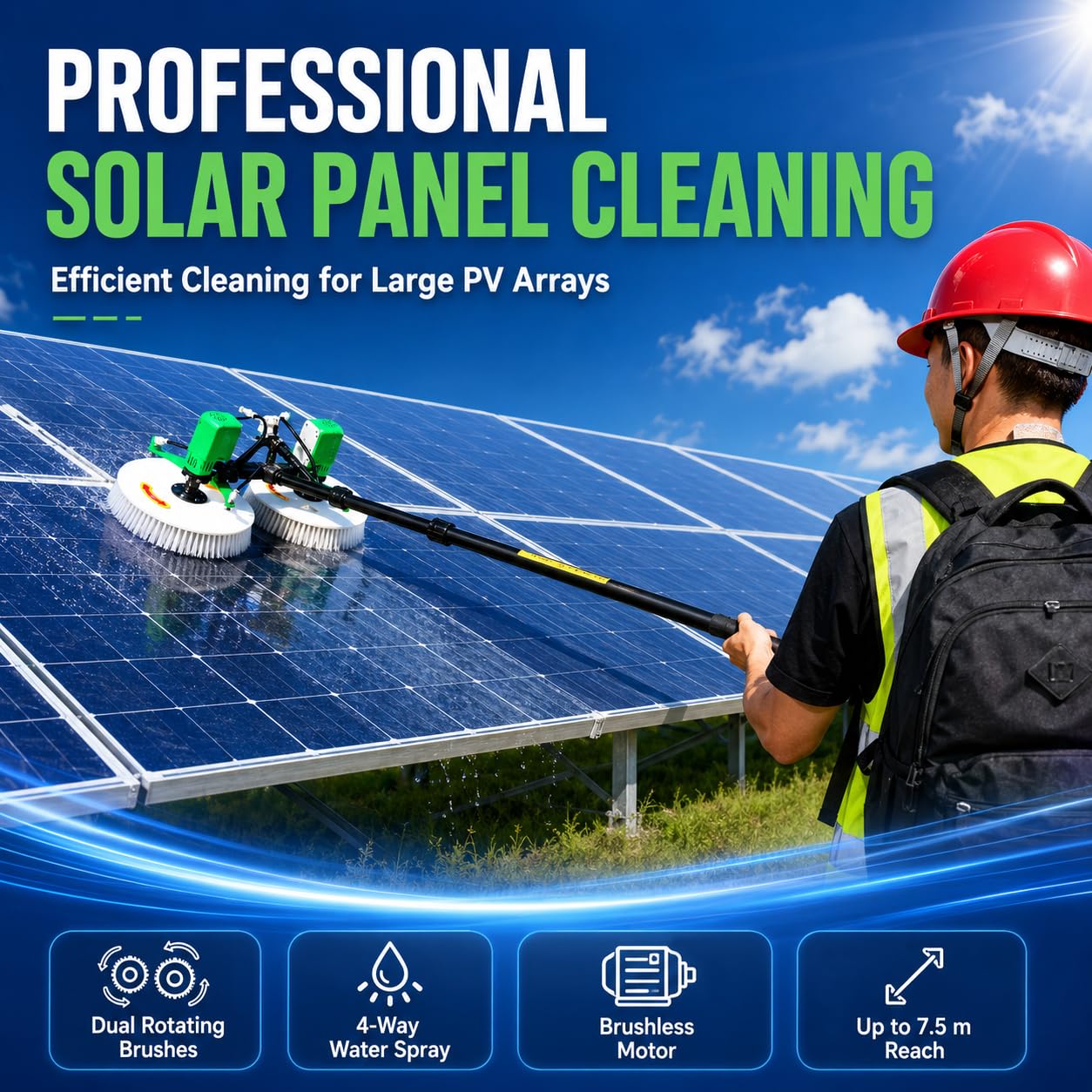 Solarpanel-Reinigungsbürste Mit Doppel-Rotationsköpfen Und Langstange Cordless-7.5M