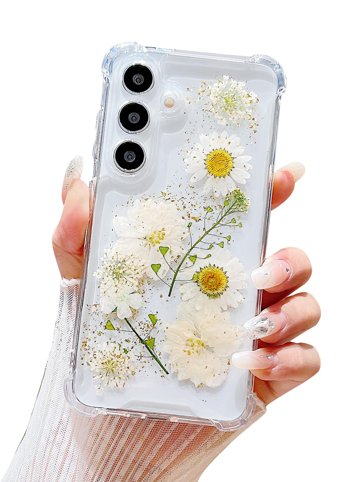 Lewrtser Compatible with Samsung Galaxy S23 Case Cute Pressed Dried Real Flowers Design Women Girly Shockproof Glitter Floral Clear Phone Cover for