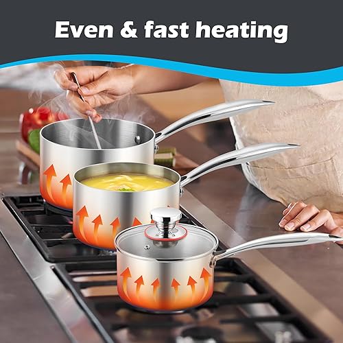 Miniatura 5 de E-far Cacerola de 3 cuartos de galón, sartén de acero inoxidable de tres capas con tapa de vidrio, pequeña olla de inducción de cocción compatible
