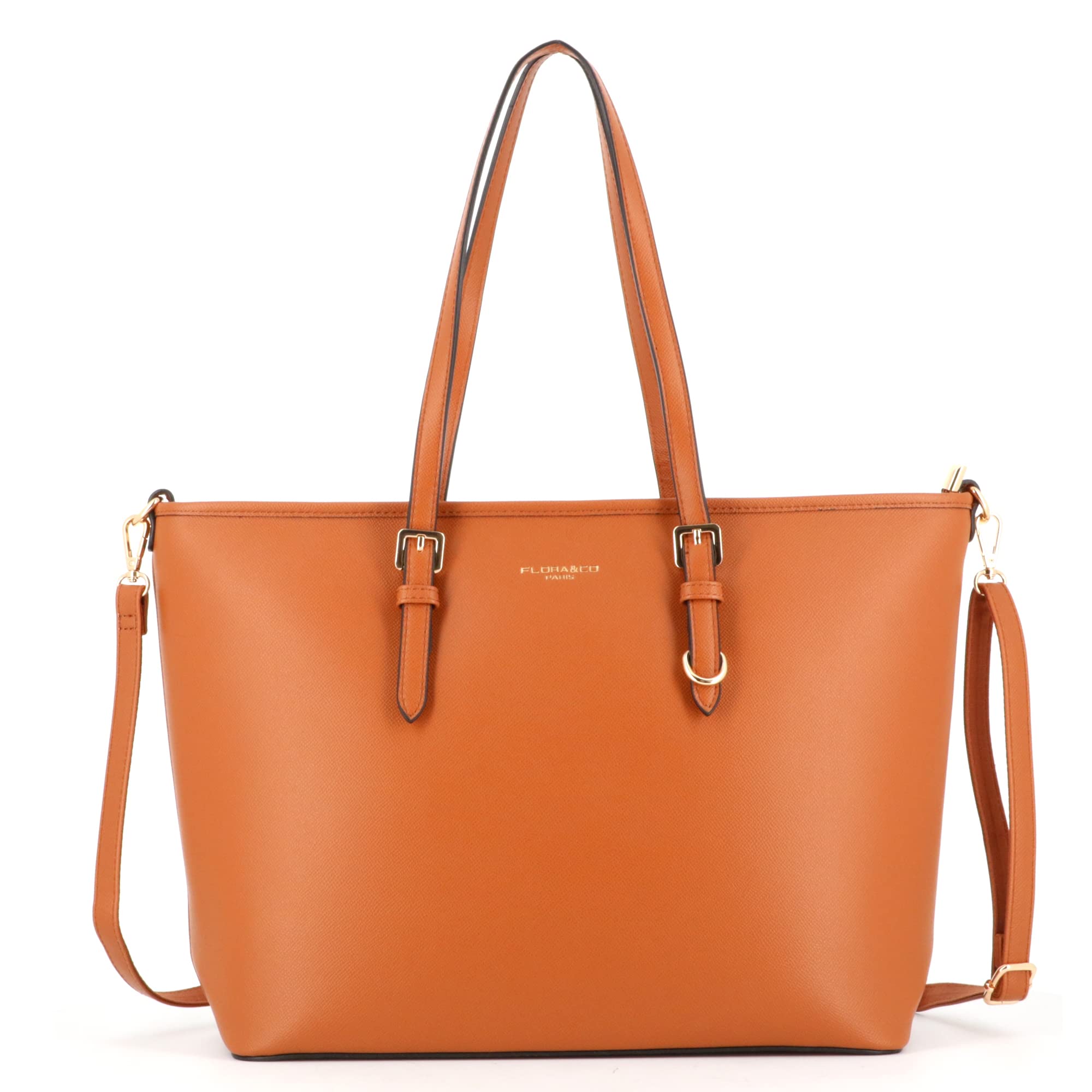 flora & co - Grand Sac à Main Femme Format A4 Similicuir Grainé - Sac Cabas Fourre-Tout Cours Lycée - Sac Shopping Taille XL Léger - Elégant Classique - CAMEL