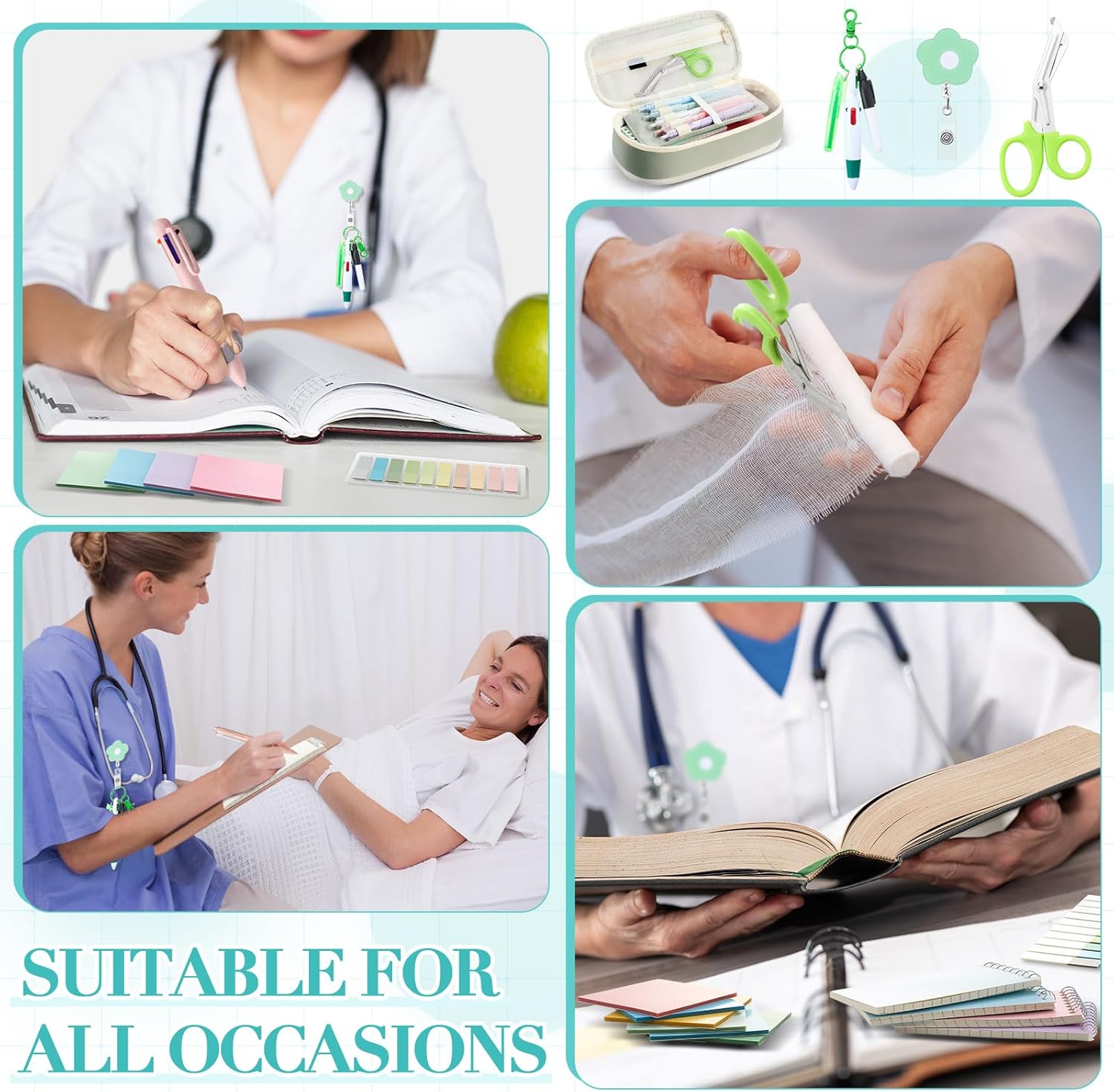 Jutom 50 Pcs Nursing School Essentials for Students Aesthetic Stationery CNA Gift Include Medical Scissors Badge Reel Transparent Sticky Notes Pens Notebook Pencil Case Highlighter Label(Green)
