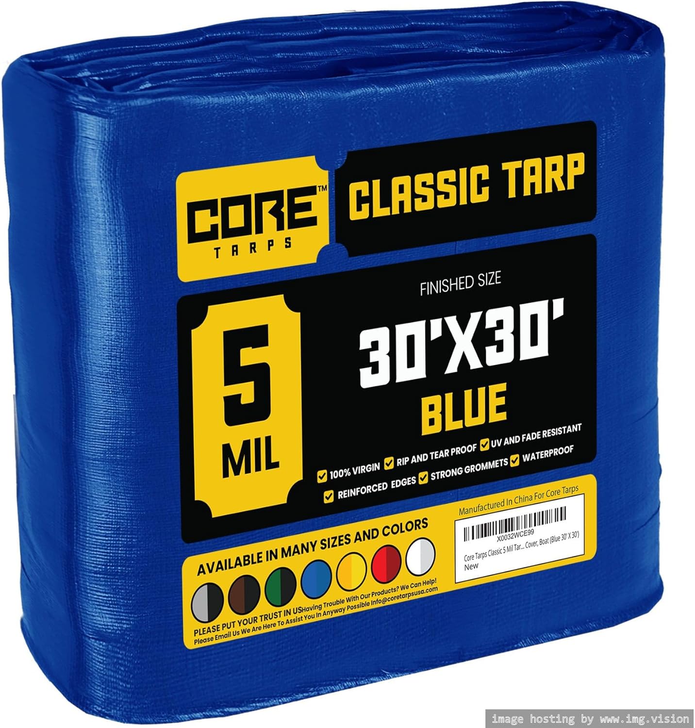Core Tarps Classic 5 Mil Tarp Cover, Waterproof, UV Resistant, Rip and Tear Proof, Poly Tarpaulin with Reinforced Edges for Roof, Camping, Patio, Pool Cover, Boat (Blue 30 X 30)