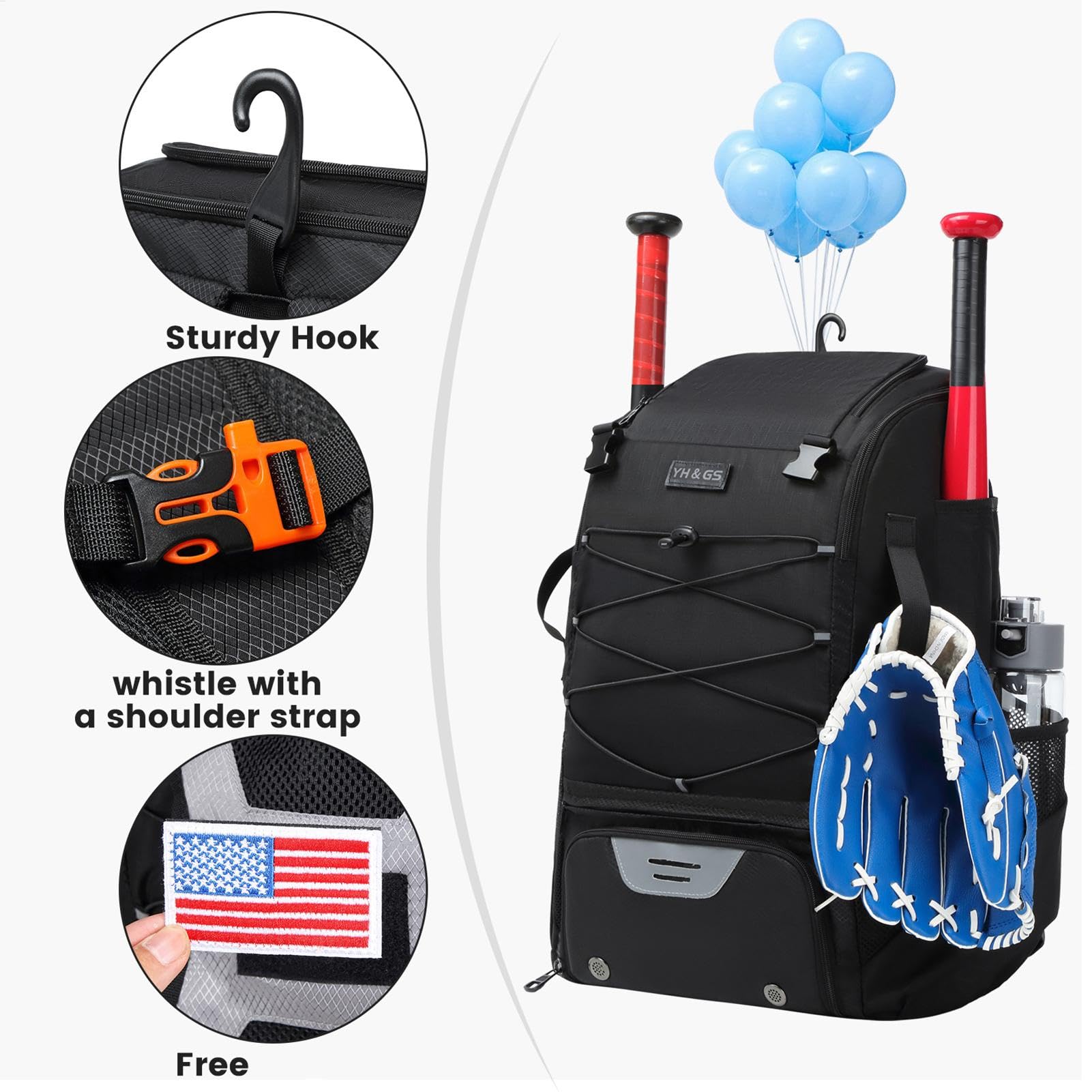 Baseball-Ausrüstungstasche, wasserdichter Baseball- und Softball-Rucksack, 53,3 x 35,6 x 22,9 cm, große Kapazität, Sporttasche mit Schuhfach, für Jugendliche, Jungen und Erwachsene