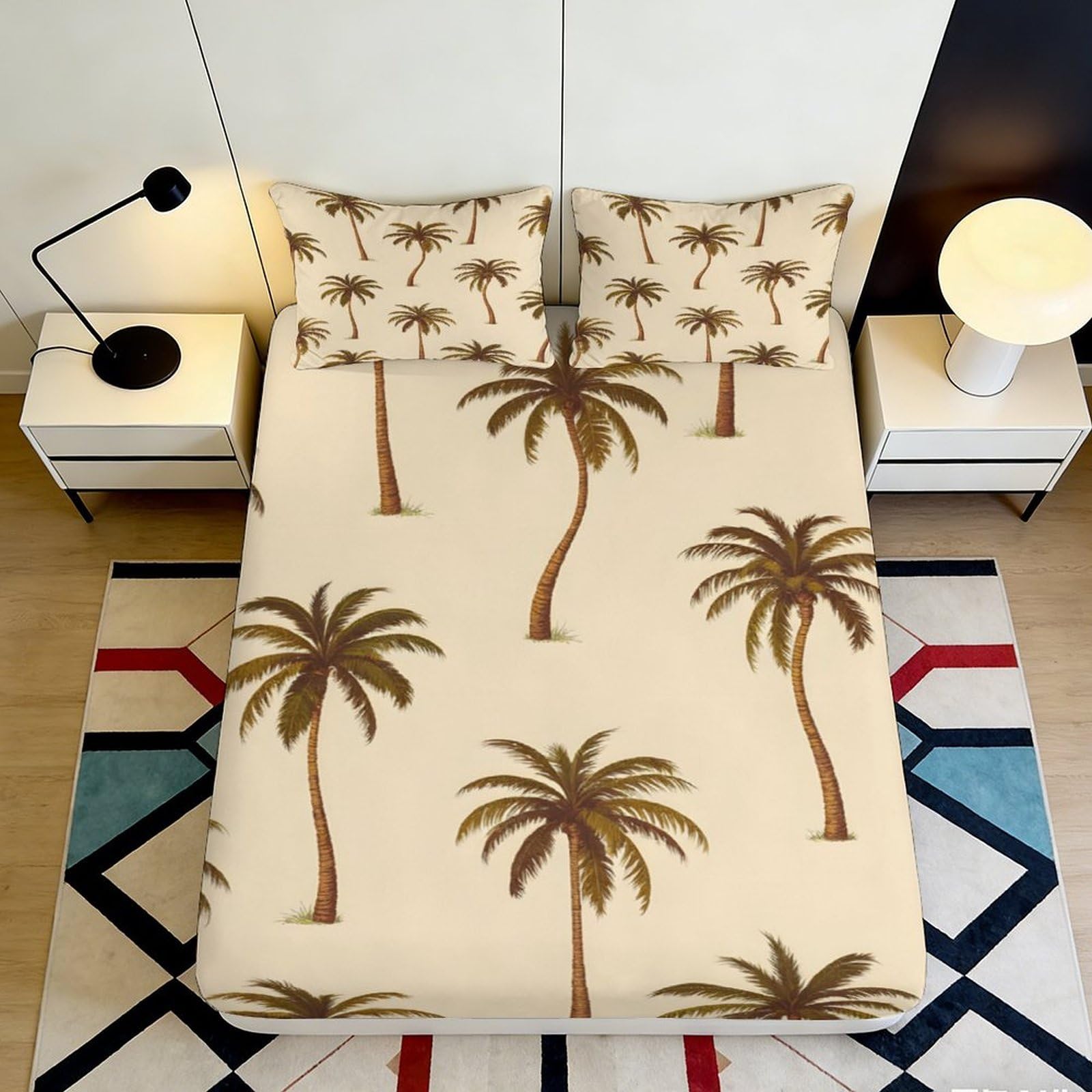 3D Printed Palm Tree Microfiber Fitted Sheet Deep Pocket Non-Slip Elastic Hem Palm Tree Mattress Fitted Cover Washable Bedding 140x200x25cm