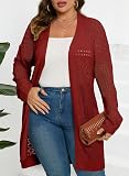Eytino Women Plus Size Open Front Long Sleeve Hollow Out Oversize Long Knit Cardigans Sweater,4X Ruby