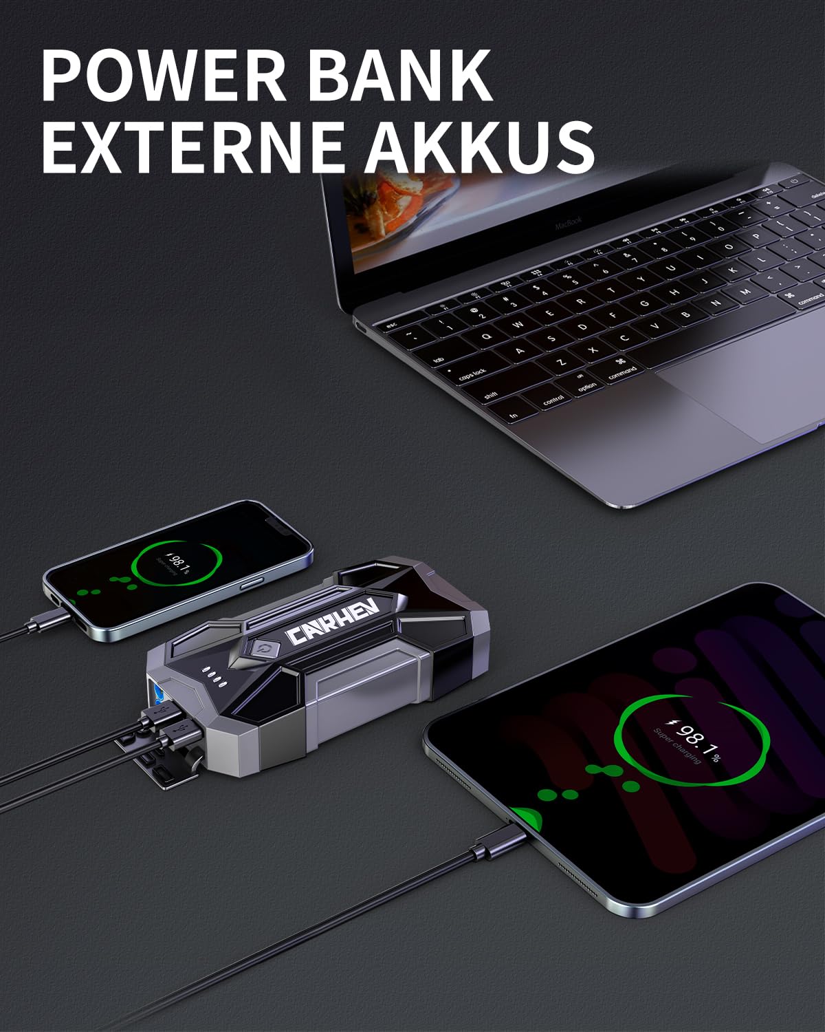 CARHEV Starthilfe Powerbank für Pkw, 4500A Starter Powerbank (Bis Zu 8,0L Benzin Oder 8,0L Diesel), Booster Auto Starthilfe mit LED, Jump Starter mit Starthilfekabel und 2 USB Ausgänge