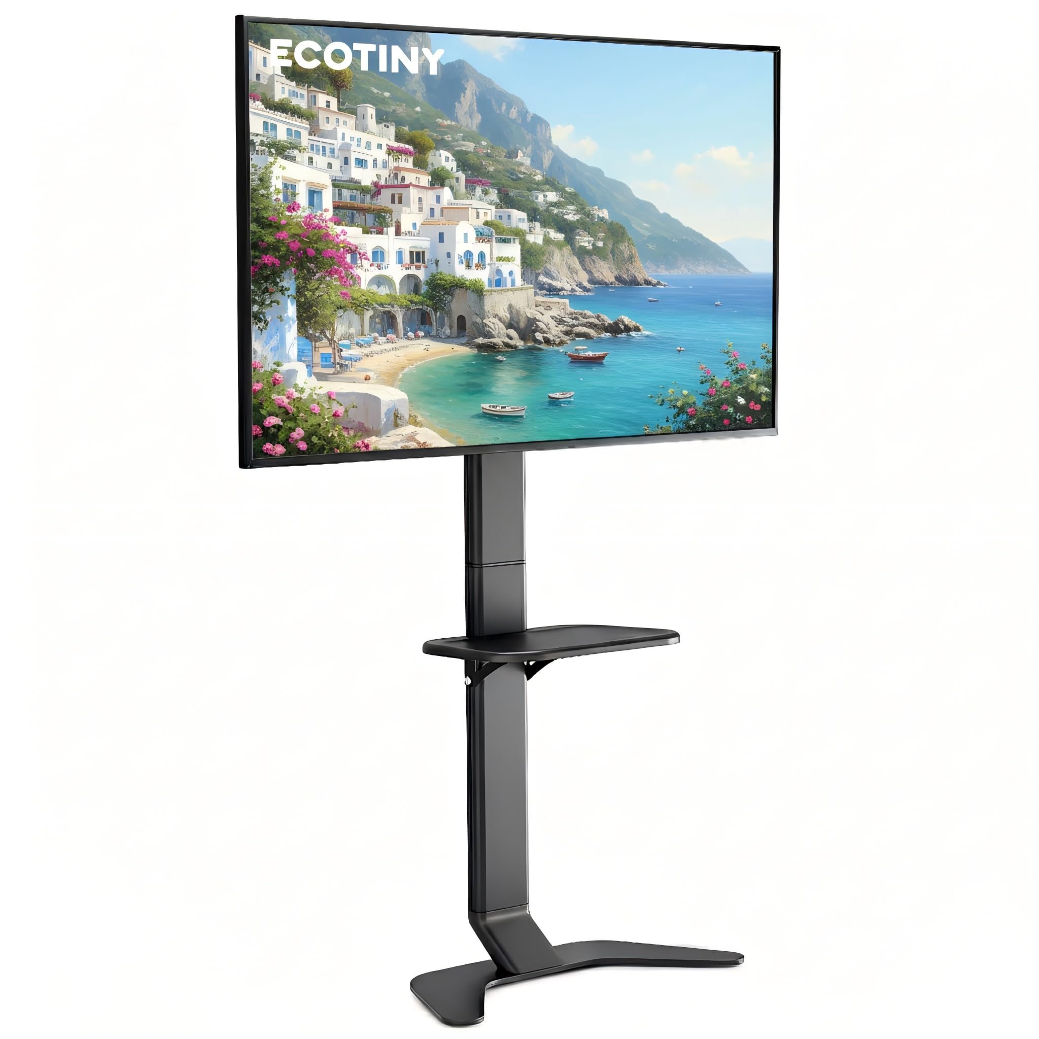 Ultra Slim Floor TV Stand for 37–86 Inch TVs, Modern Curved Base with Shelf, Adjustable Height & Tilt, Space-Saving Design with Cable Management, Fits VESA 600x400mm, Black