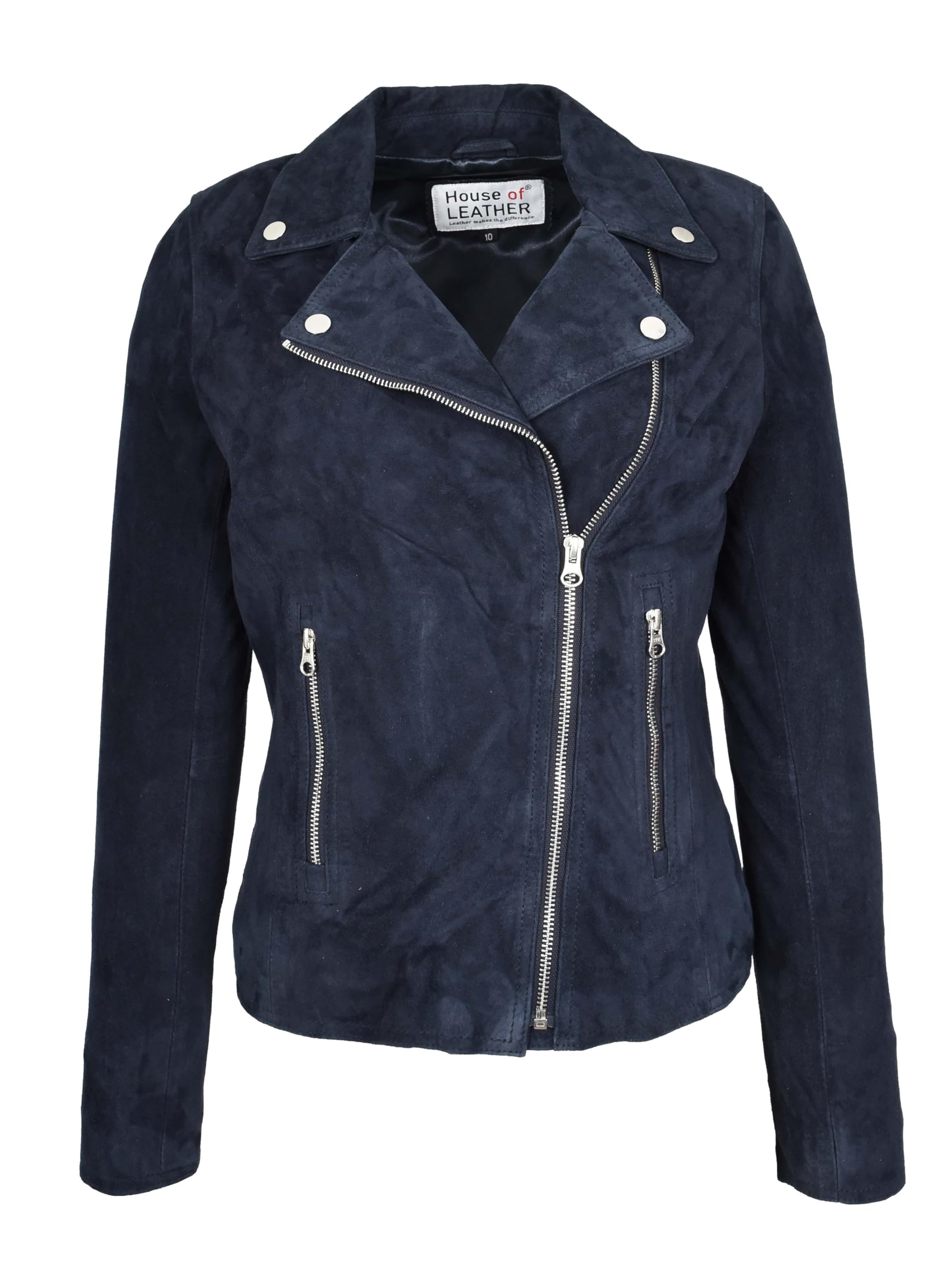 House Of Leather Women's Navy Blue Genuine Goat Suede Biker Jacket Lola, Classic Moto Style (Uk, Numeric, 12, Regular, Regular, )