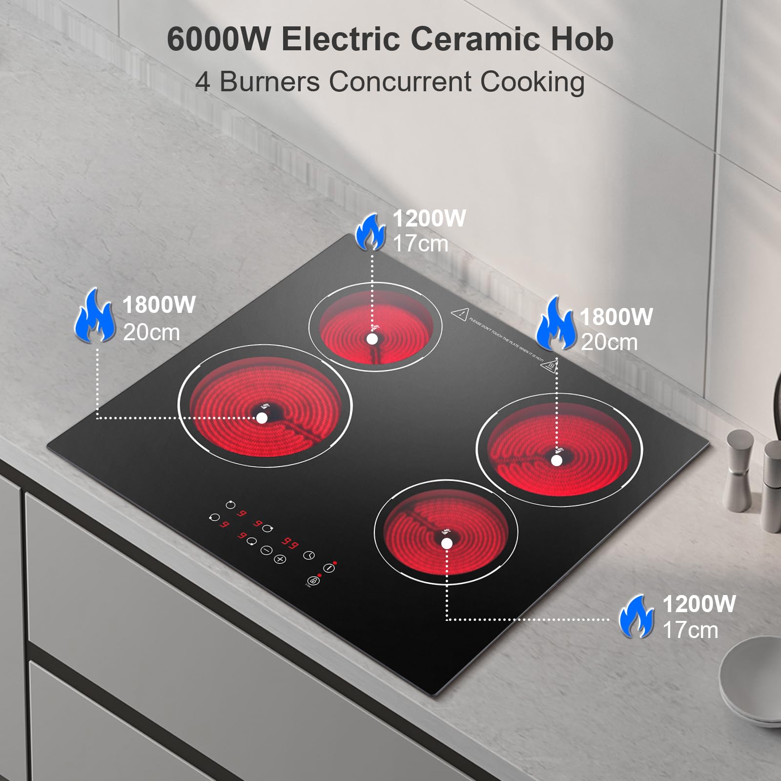 Ceramic Hob 4 Burners 60cm, Built-in 4 Zone Electric Ceramic Hob, 6000W, Touch Control, 9 Power Levels, 1-99 Min Timer, Child Safe Lock, Heat Indicator, for all pots and pans - 3