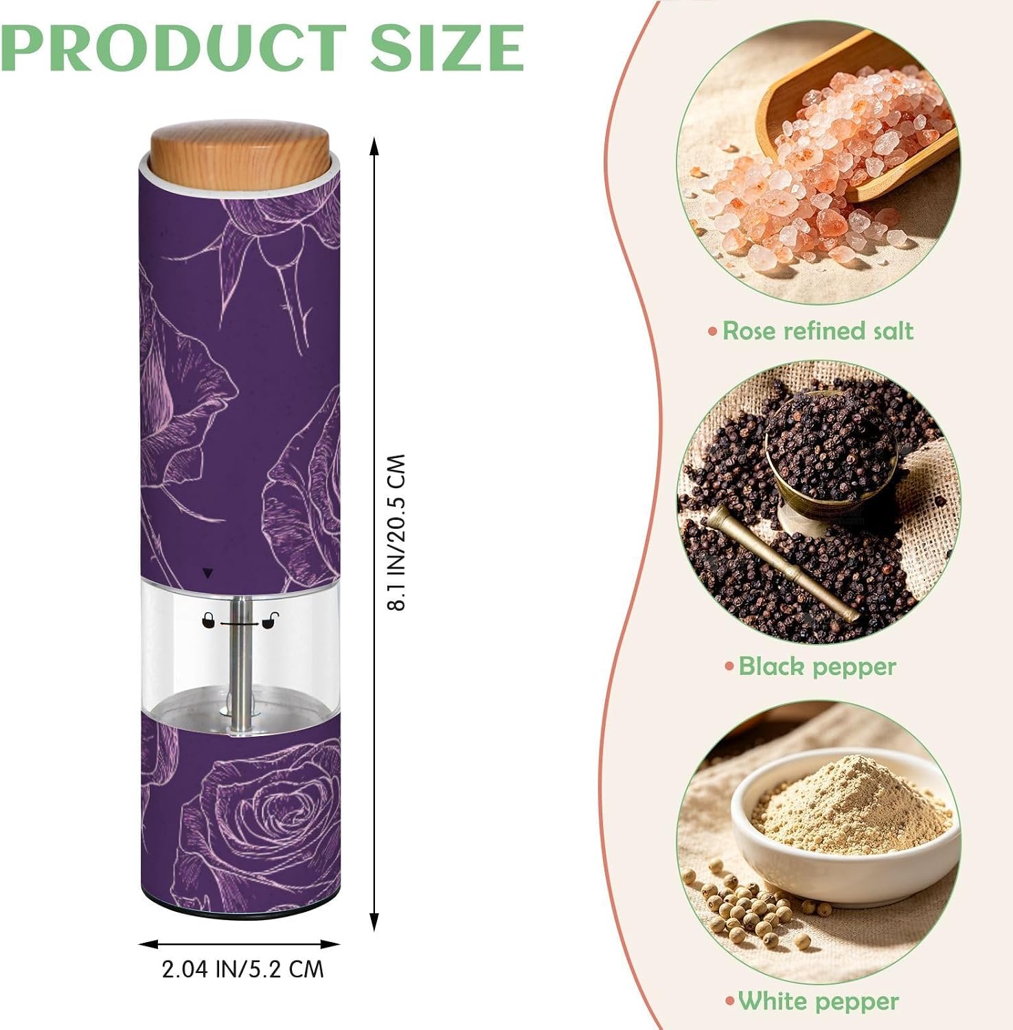 ALAZA Electric Pepper Grinder with Adjustable Coarseness, Purple Flower Lines Pattern Battery Automatic Salt and Pepper Mill with Led, One-Handed Operation Spice Grinder for Kitchen, Camping & BBQ