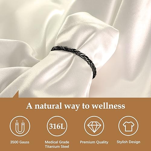 Miniatura 6 de Feraco Pulsera Magnética para Mujeres de Acero de Titanio Pulsera de Terapia Magnética con Imanes de Neodimio, Eslabones Únicos en Forma de X (Negro)
