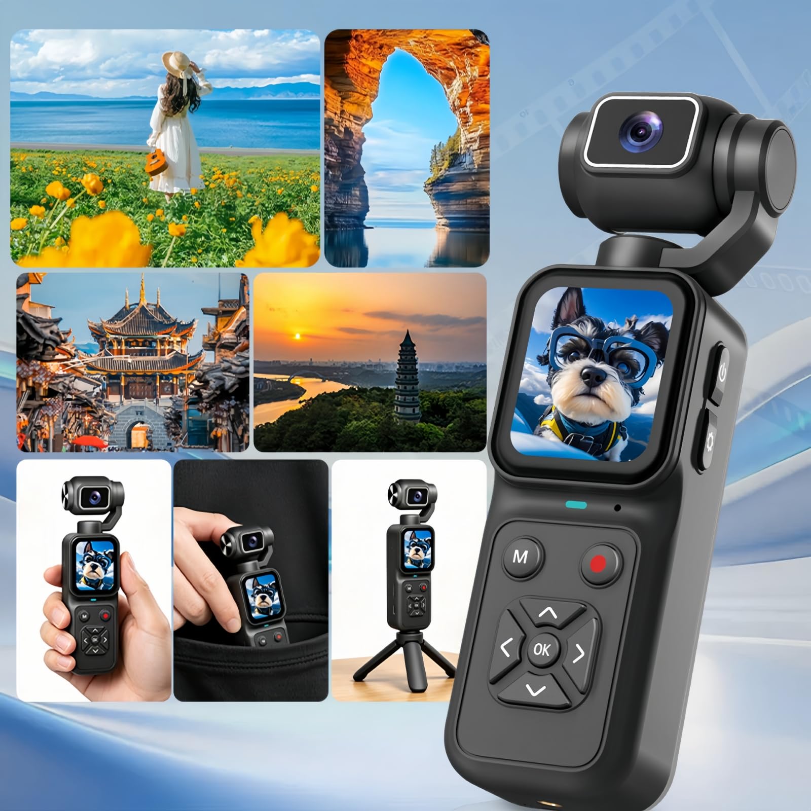 Videocamera Vlogging con Video, Pocket Action Camera, Videocamera Digitale per Fotografia, Fotocamera Digitale 180° Doppia Lente Rotante (16GB)