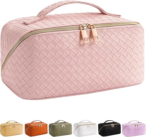 VVABELLI Bolsa de maquillaje  Bolsa de cosméticos de viaje de gran capacidad, portátil de cuero impermeable, bolsa de maquillaje de viaje para