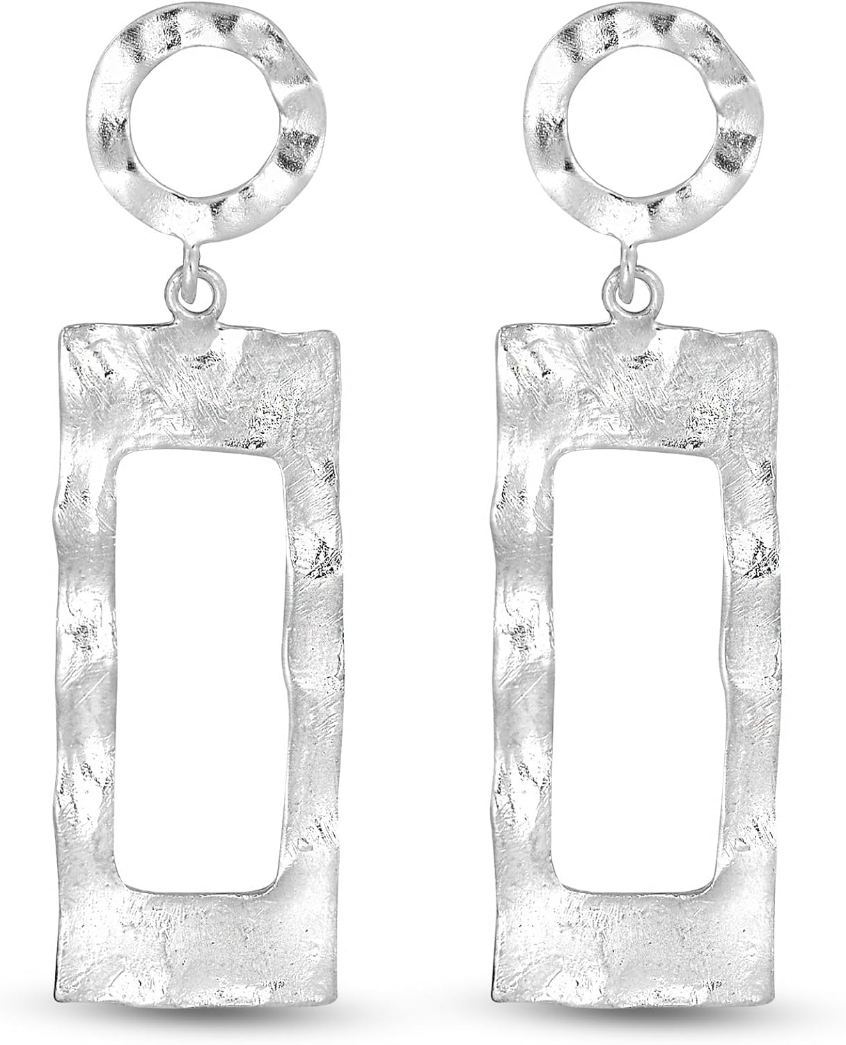 AeraVida Trendy Hollowed Rectangle Hammered Boho Sterling Silver Post Earrings | Sterling Silver Drop Earrings | Drop Earrings for Women | Earrings Set