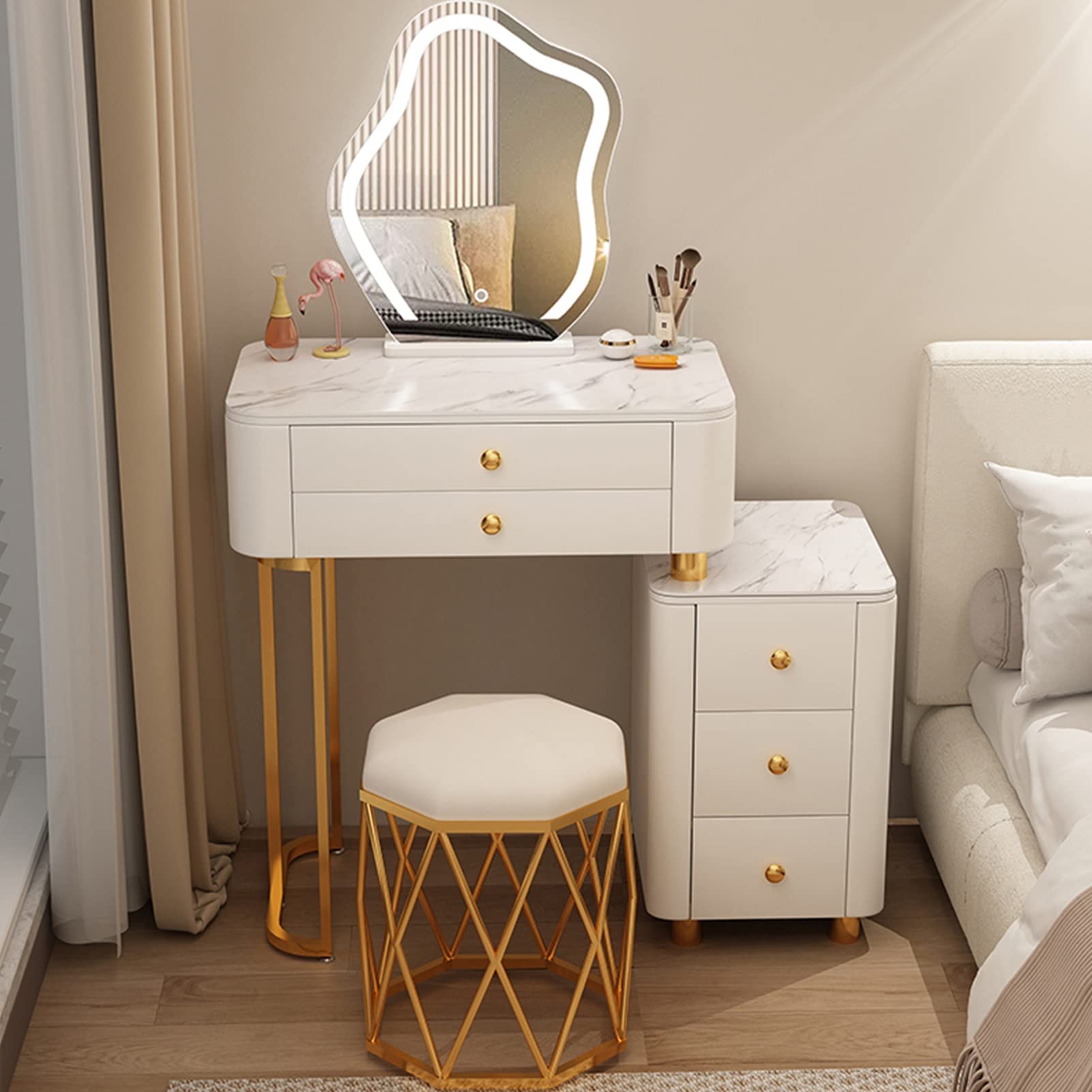 asdchZen Minimalist Makeup Vanity Table With Removable Mirror & Storage Drawers, Stylish Dressing Table With Cushioned Stool For Women & Girls Bedroom,1-50cm/19.6in