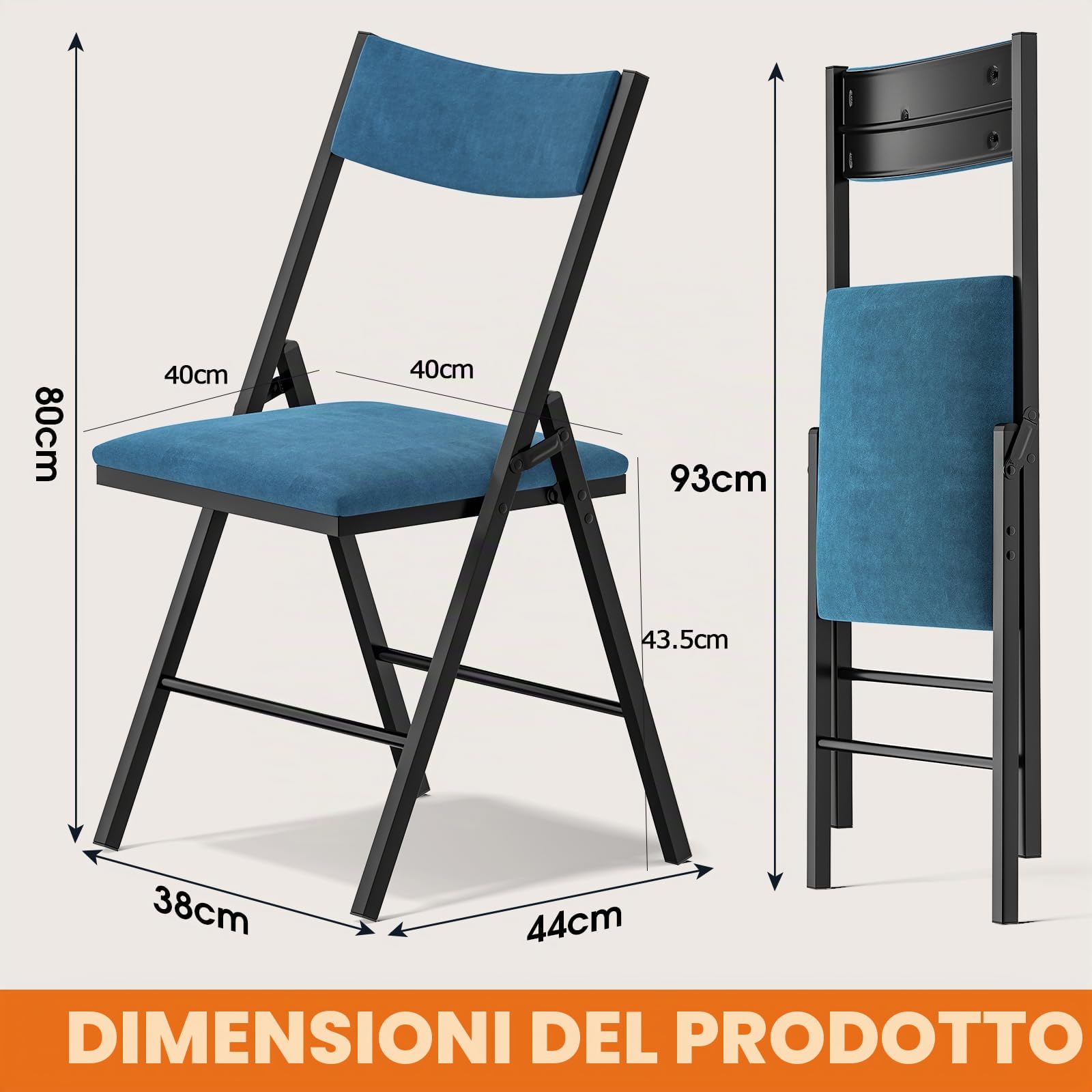 Set di 4 sedie pieghevoli, imbottita in velluto, portata fino a 200 kg, in stile retrò, molto resistenti con robusto telaio, per Giardino, Esterno, Campeggio, Balcone, Interni, Ufficio, Feste ,Blu