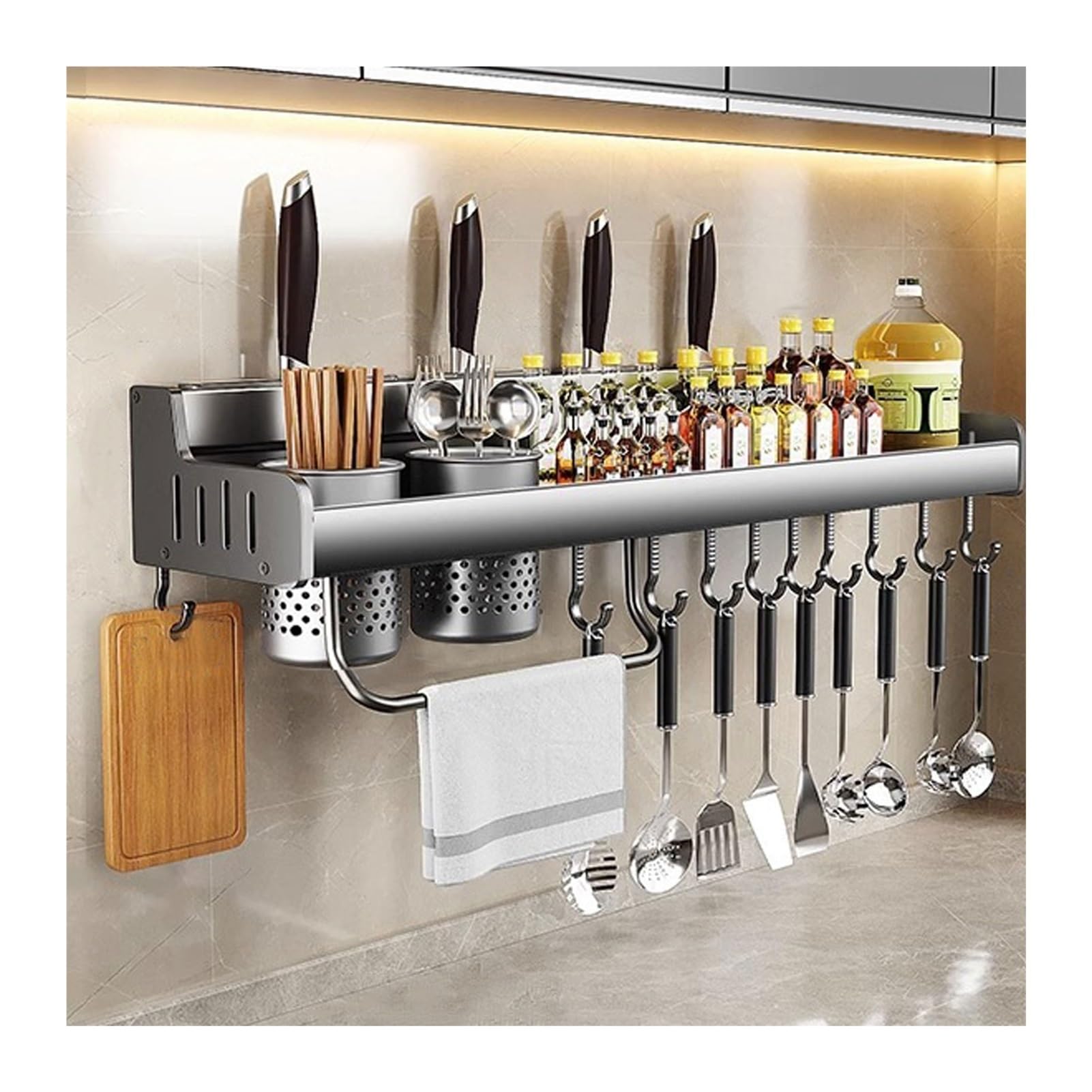 GLJTUO Wall-Mounted Spice Rack, No Drill, Adjustable Hooks, Kitchen Utensil Holder & Knife Storage for an nized Cooking Space - Perfect for Home Chefs! (80cm),80cm-2 cups-10 hooks