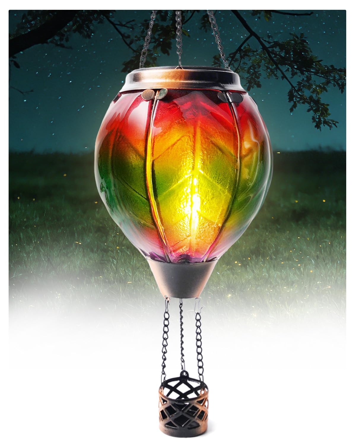 Klarlight Lanterna solare a forma di mongolfiera, 45 cm, da appendere, con effetto vetro arcobaleno, impermeabile, ad energia solare, accensione e spegnimento automatico, per giardino, patio, cortile