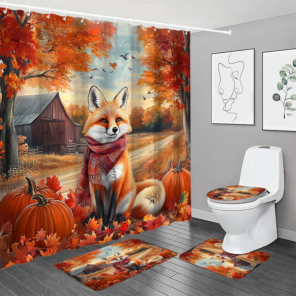 MZYZAF 4pcs Fall Fox Bathroom Set with Non-Slip Rugs,Toilet Lid Cover, Contour Rug All Rustic Farmhouse Animal Pumpkin Maple Tree Barn Autumn Country Nature Landscape