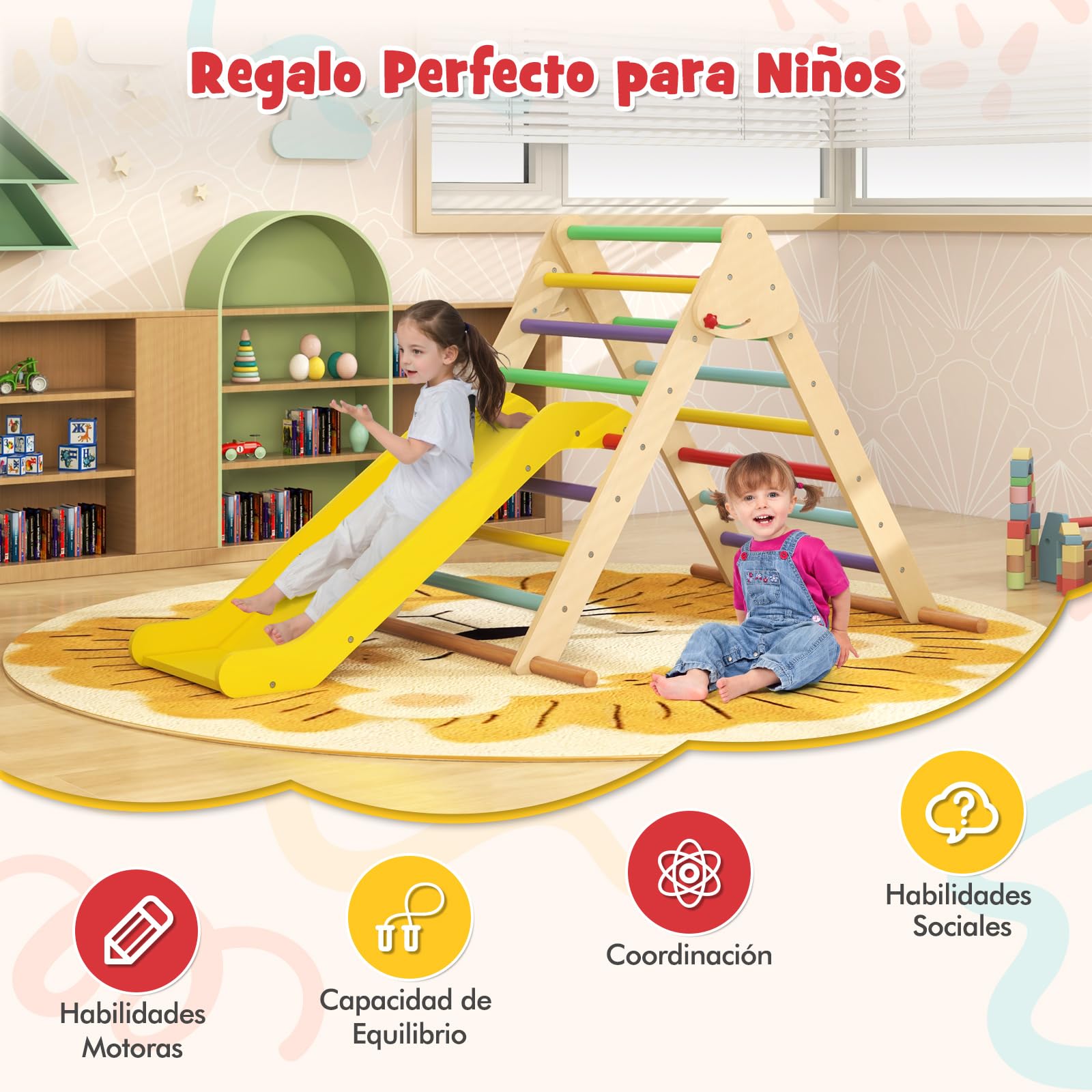 COSTWAY Juego de Triángulo de Escalada para Niños, Triángulo de Escalada Plegable con Rampa Ajustable y Bordes Lisos, Set de Trepa Montessori de Madera para Niños de 1+ Años (Multicolor)