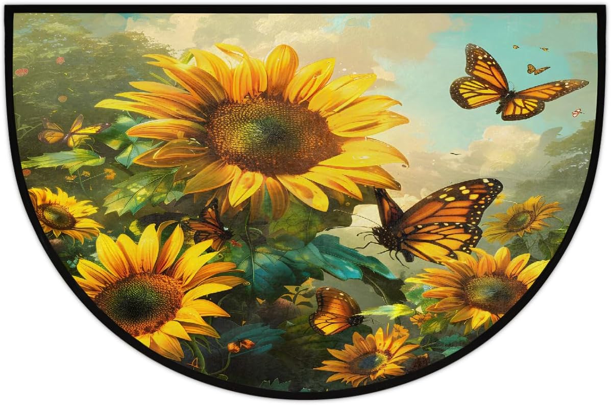 Butterfly Flower Sunflower Half Round Door Mat Non Slip Washable Semi Circle Area Rug Absorbent Soft Half Moon Rug Floor Mat for Indoor Outdoor Kitchen Bathroom Patio Front Door Mat Decor
