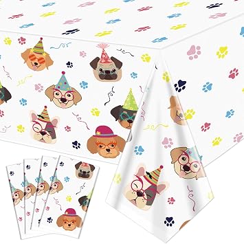 4 Pack Dog Tablecloths Disposable Puppy Tablecloths Rectangular Dog Birthday Tablecloth Table Covers for Lets Pawty Birthday Decorations Puppy Dog Birthday Party Decorations, 86 X 51 Inch