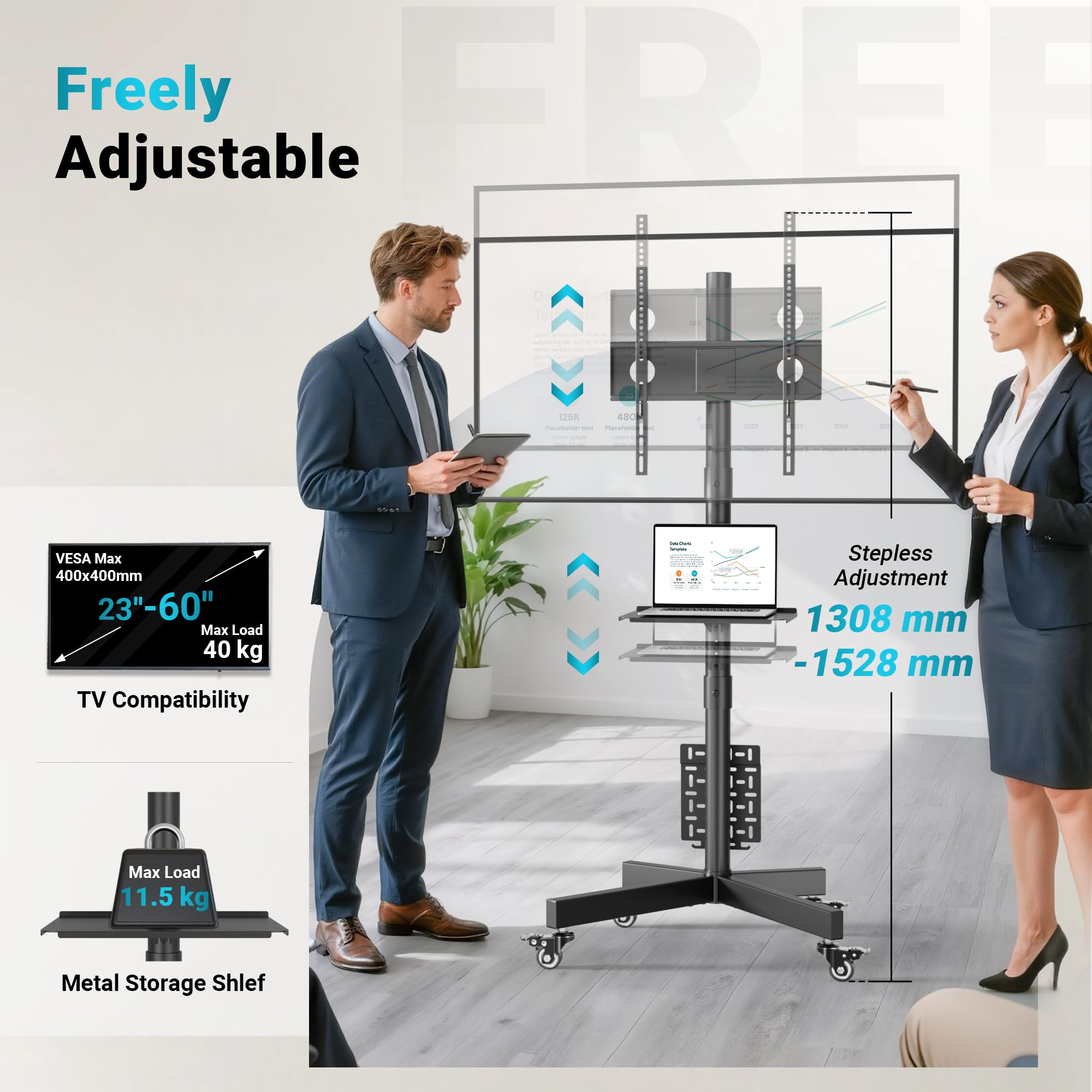 BONTEC Supporto TV da Pavimento per TV LCD/LED 23-60 Pollici, Carrello TV Mobile con Ruote, Altezza Regolabile, 40 kg, VESA 400x400 mm
