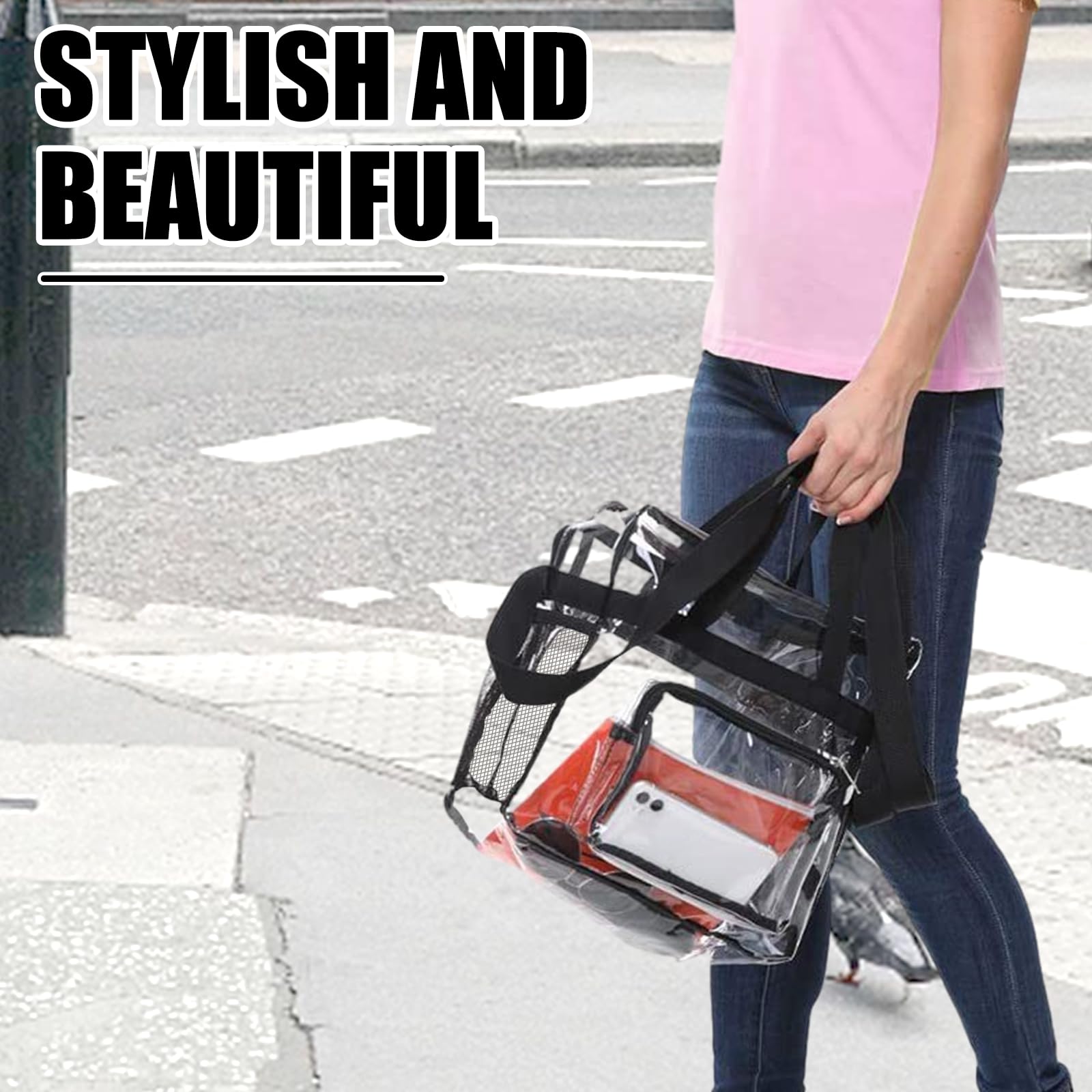 Bolso Transparente Mujer, PVC Bolso Bolsa Viaje Accesorios | Impermeable Bolsas Transparentes para Estadios con Bolsillos para El Trabajo, Juegos Deportivos y Conciertos