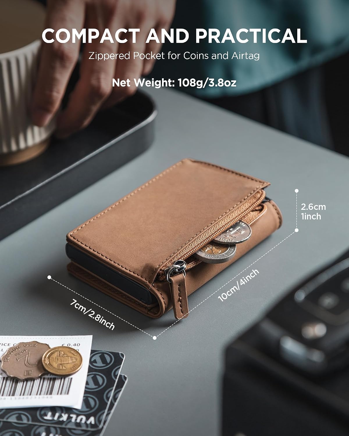 VULKIT Men's Card Holder for Max. 10 Cards with Sliding Credit Card Ejector RFID Blocking, Zipper Coin Pocket, ID Window and 3 Card Slots, Magnetic Closure, Brown, One Size, Minimalist image 4