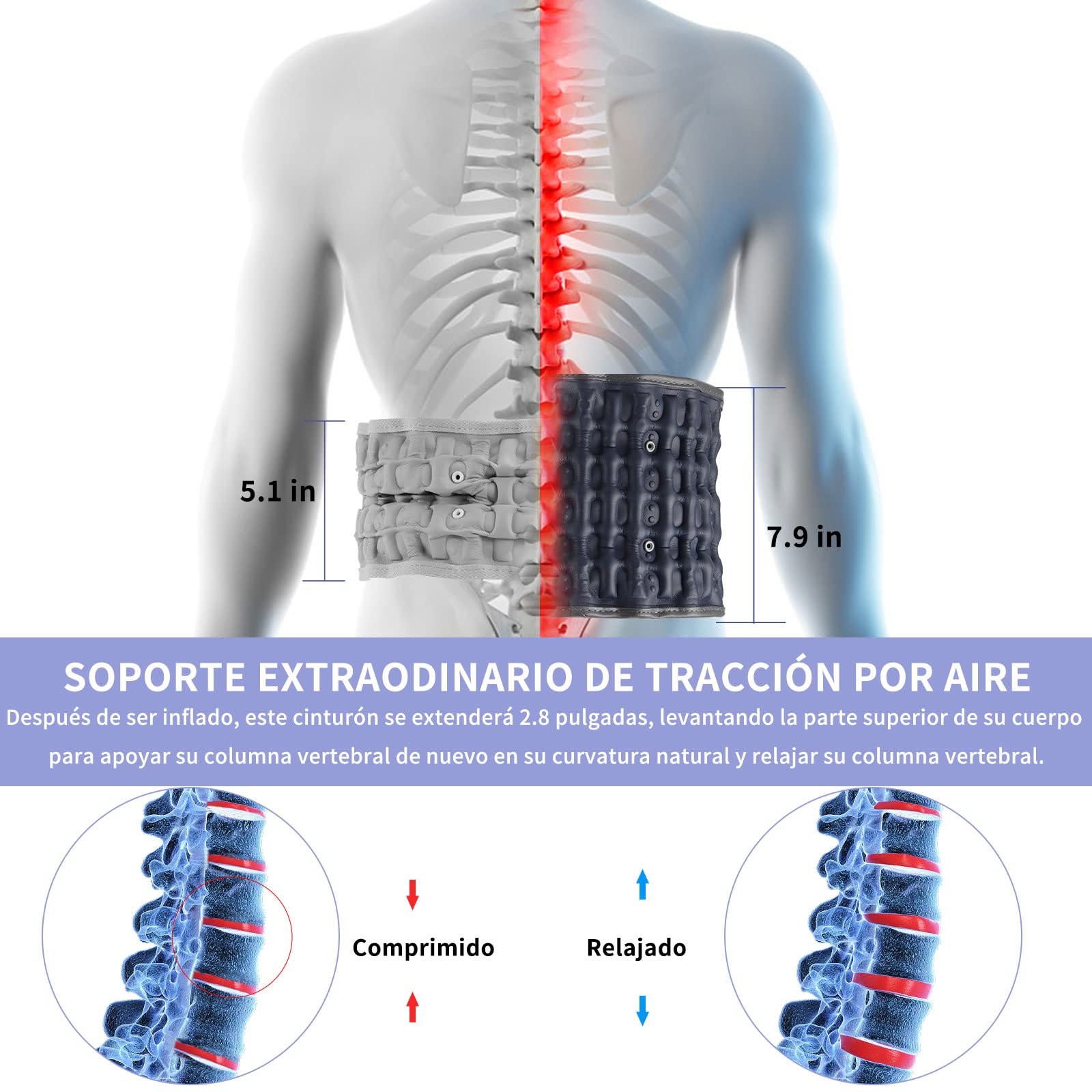 Cinturón de descompresión para la espalda inflable, soporte lumbar inferior para el alivio del dolor de espalda baja, dispositivo de tracción lumbar con bomba de mano, talla única para