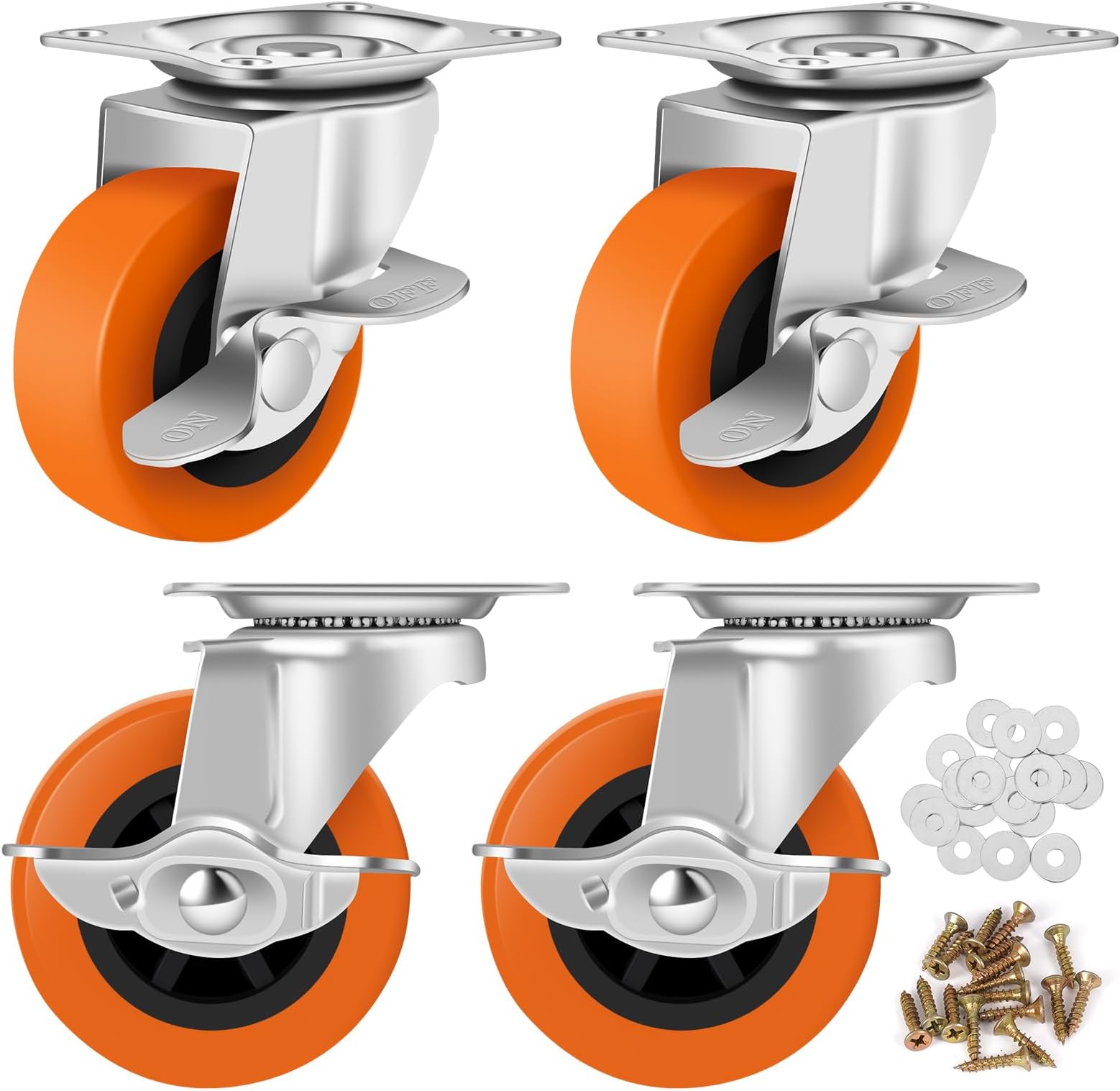 Caster Wheels, 3 Inch Casters Set of 4, Heavy Duty Caster with Brake, Locking Castors with Polyurethane Wheel,Plate Swivel Castor Wheels for Furniture Carts,Workbench Casters
