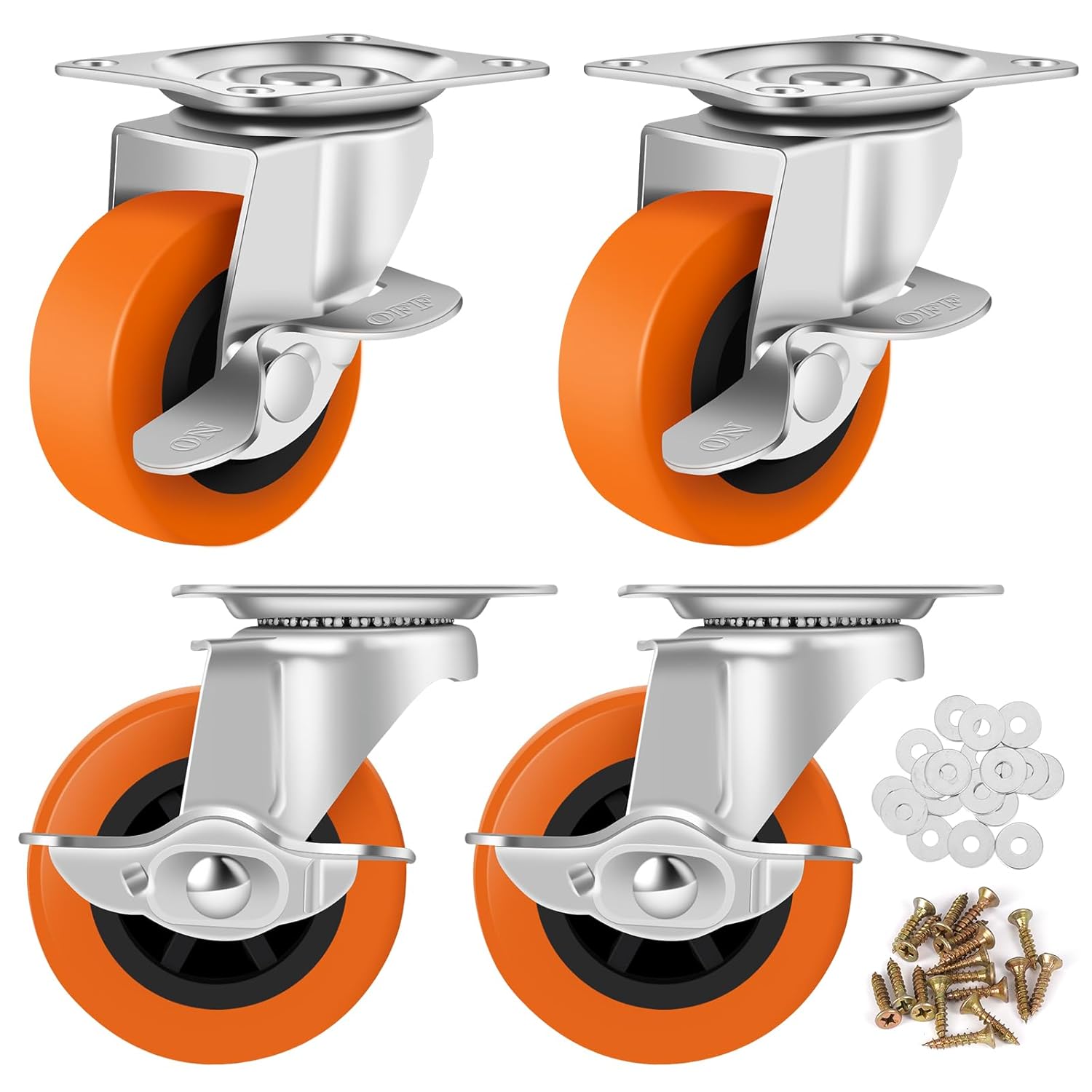 BOSGEOT 3 Inch Heavy Duty Caster Wheels Set of 4 with Brake - Locking Swivel PU Casters for Furniture, Carts, Workbenches (400 lbs Total Capacity)