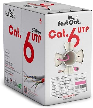 fast Cat. Cat6 Ethernet Cable 1000ft - 23 AWG, CMR, Insulated Solid Bare Copper Wire Cat 6 Cable with Noise Reducing Cross Separator - 550MHZ / 10 Gigabit Speed UTP LAN Cat6 Cable 1000ft - CMR Pink