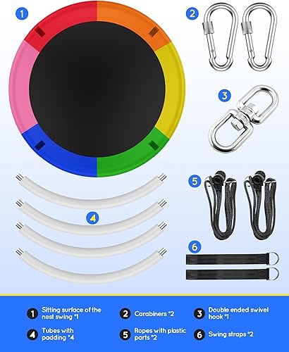 Miniatura 7 de Columpio de árbol de platillo de 43 pulgadas para niños y adultos, capacidad de peso de 700 libras, columpio impermeable con correas ajustables para